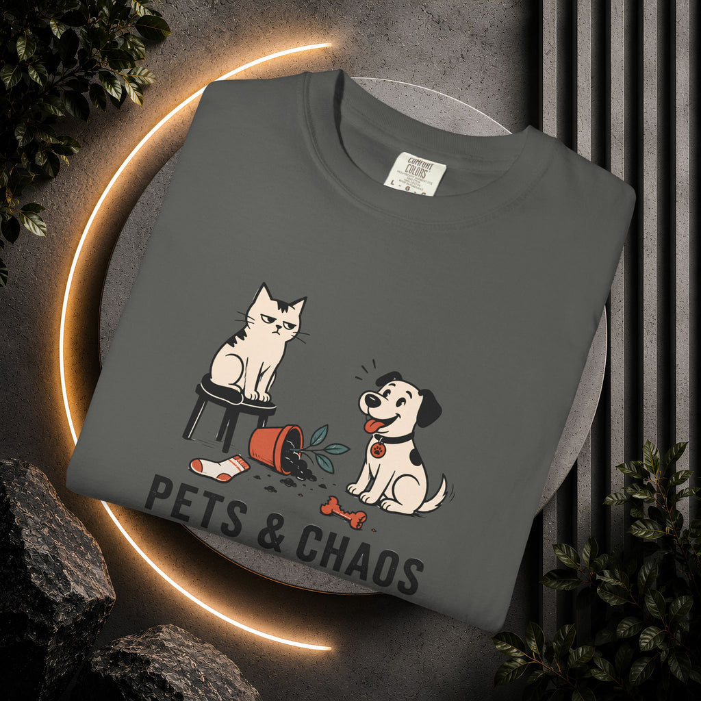 Pets & Chaos Graphic T-Shirt — Funny Cat and Dog Design
