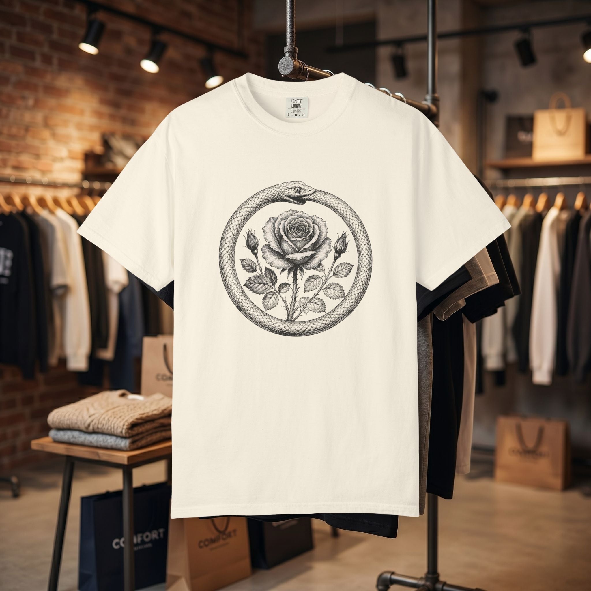 Rose in Ouroboros Snake Circle T-shirt | Botanical Vintage Line Art