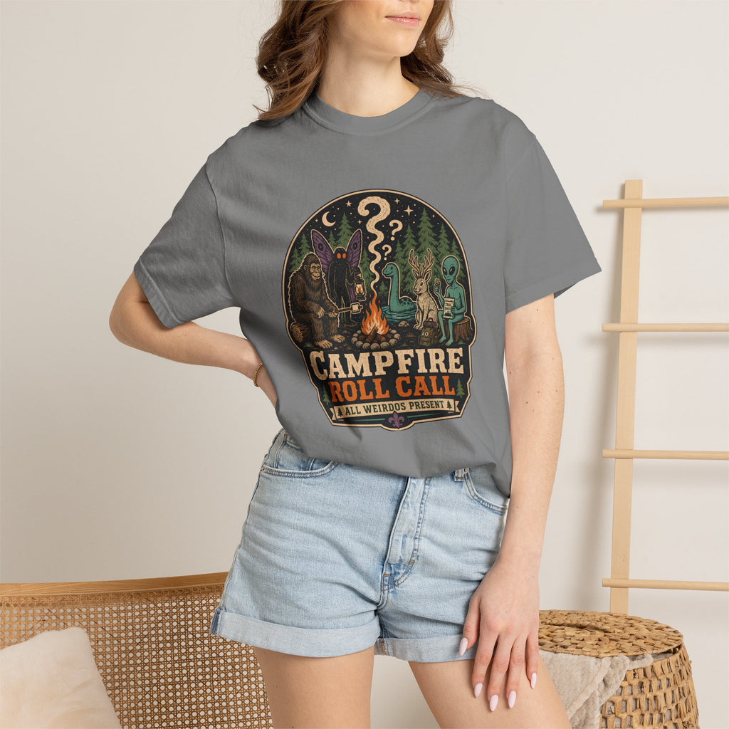 Campfire Cryptid Roll Call T-Shirt — Vintage Camping Patch Graphic