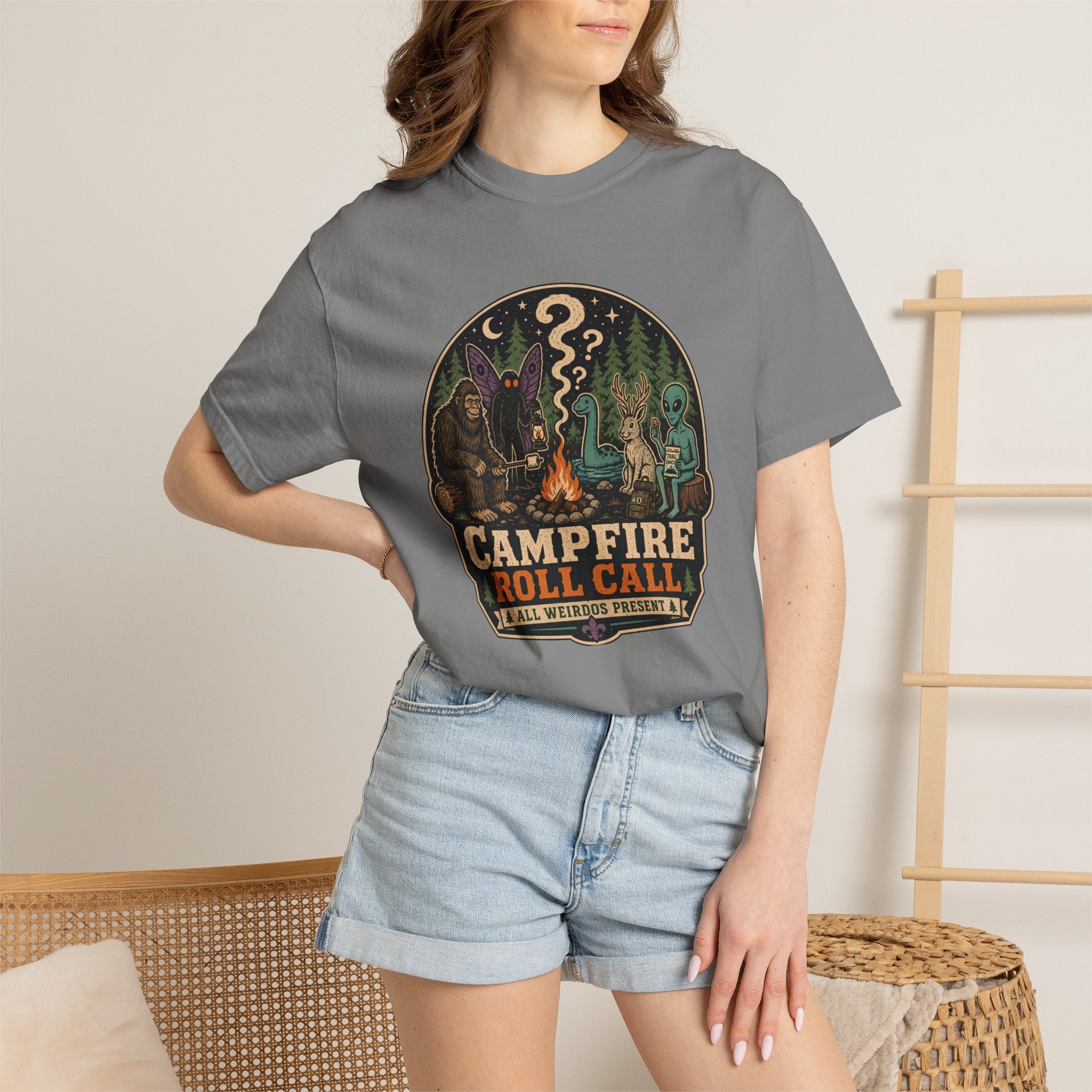 Campfire Cryptid Roll Call T-Shirt — Vintage Camping Patch Graphic