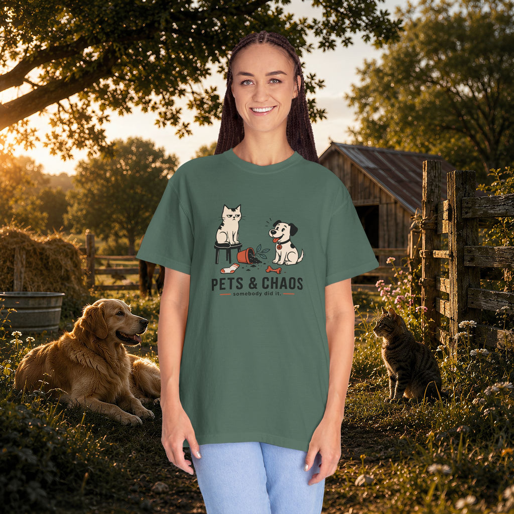 Pets & Chaos Graphic T-Shirt — Funny Cat and Dog Design