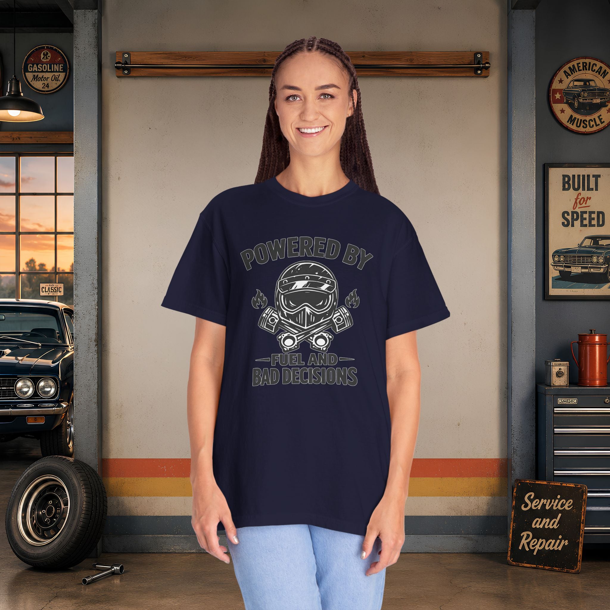 Powered By Fuel And Bad Decisions T-Shirt — Motorcycle Helmet Graphic Tee