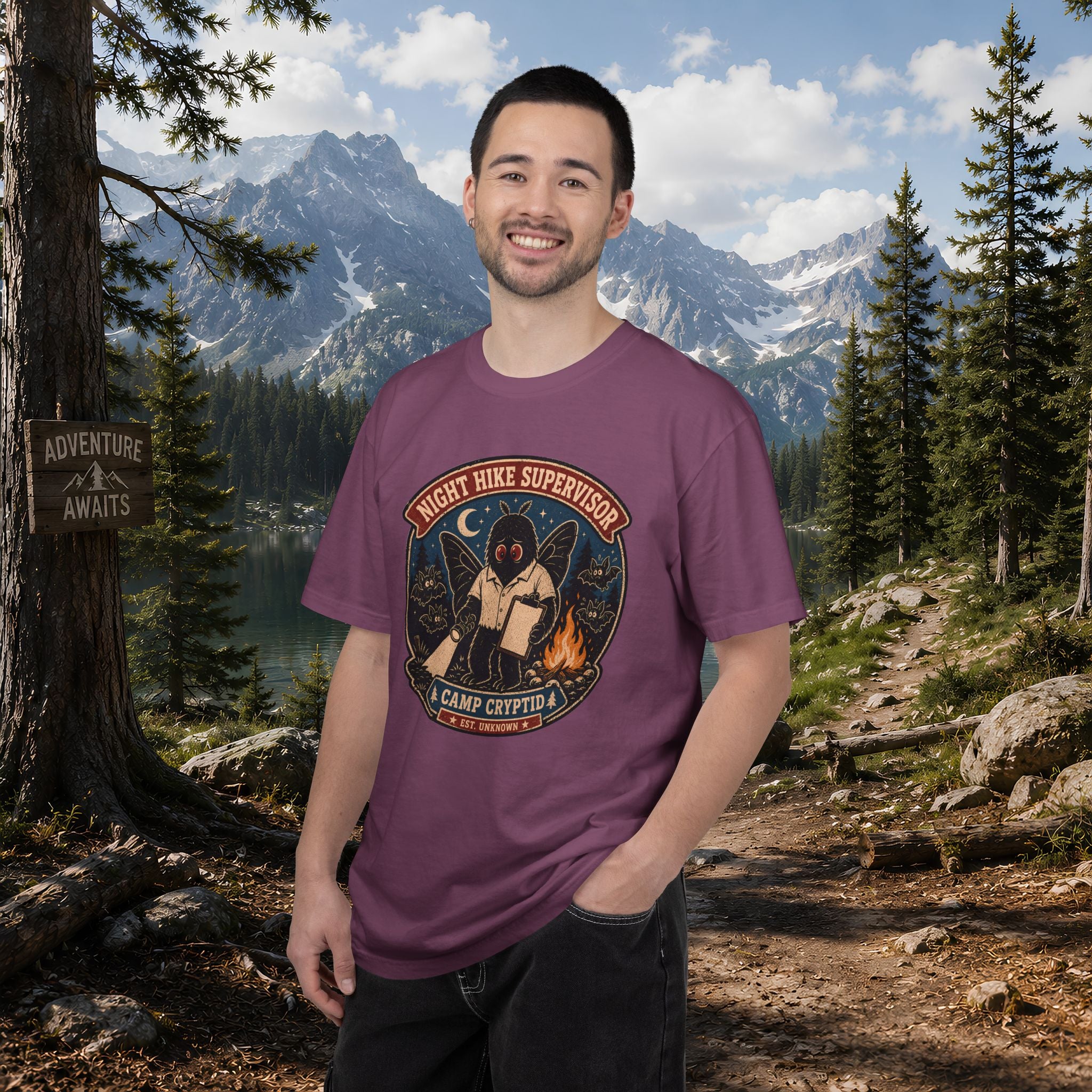 Night Hike Supervisor Mothman T‑Shirt — Camp Cryptid Retro Outdoor Badge