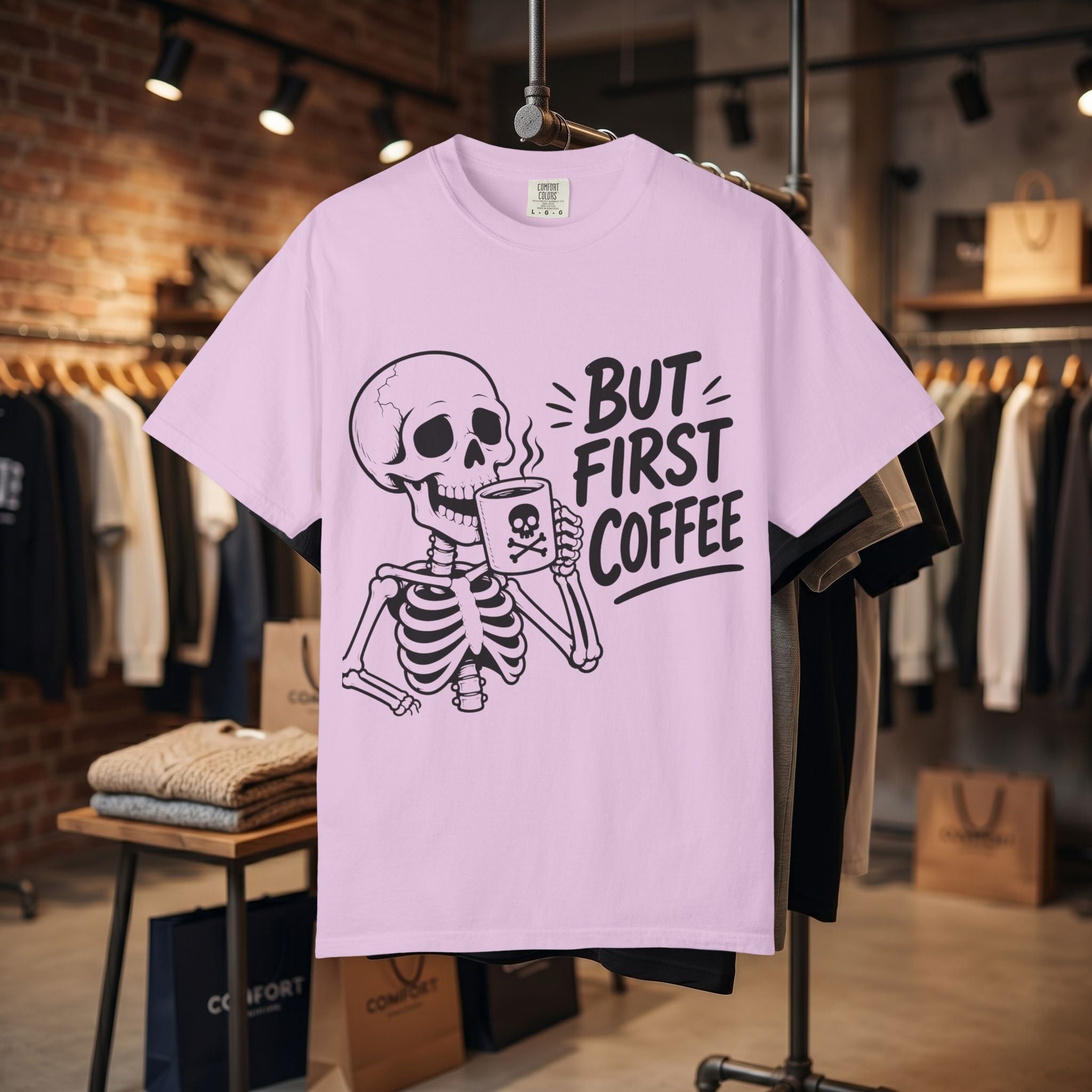 Skeleton Holding Coffee But First Coffee T-Shirt | Coffee Lover Tee