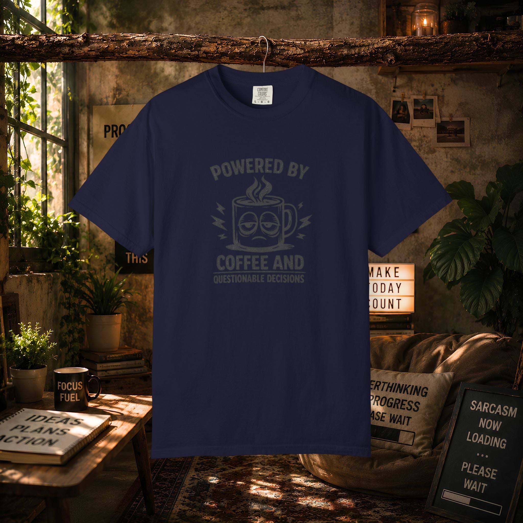 Coffee & Questionable Decisions T-Shirt – Powered by Coffee Graphic Tee