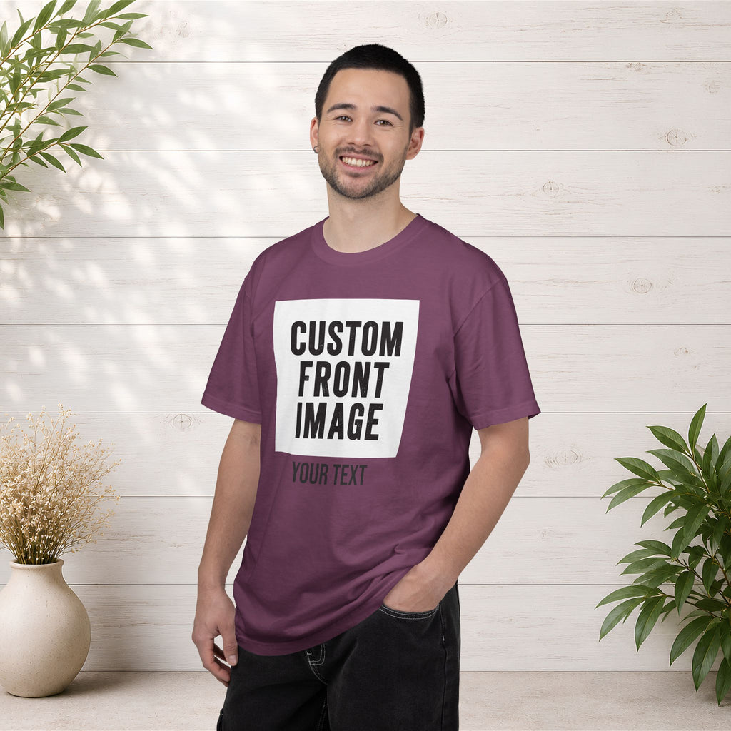 Custom Front Square Print T-Shirt — Personalized Text Bottom & Image Tee