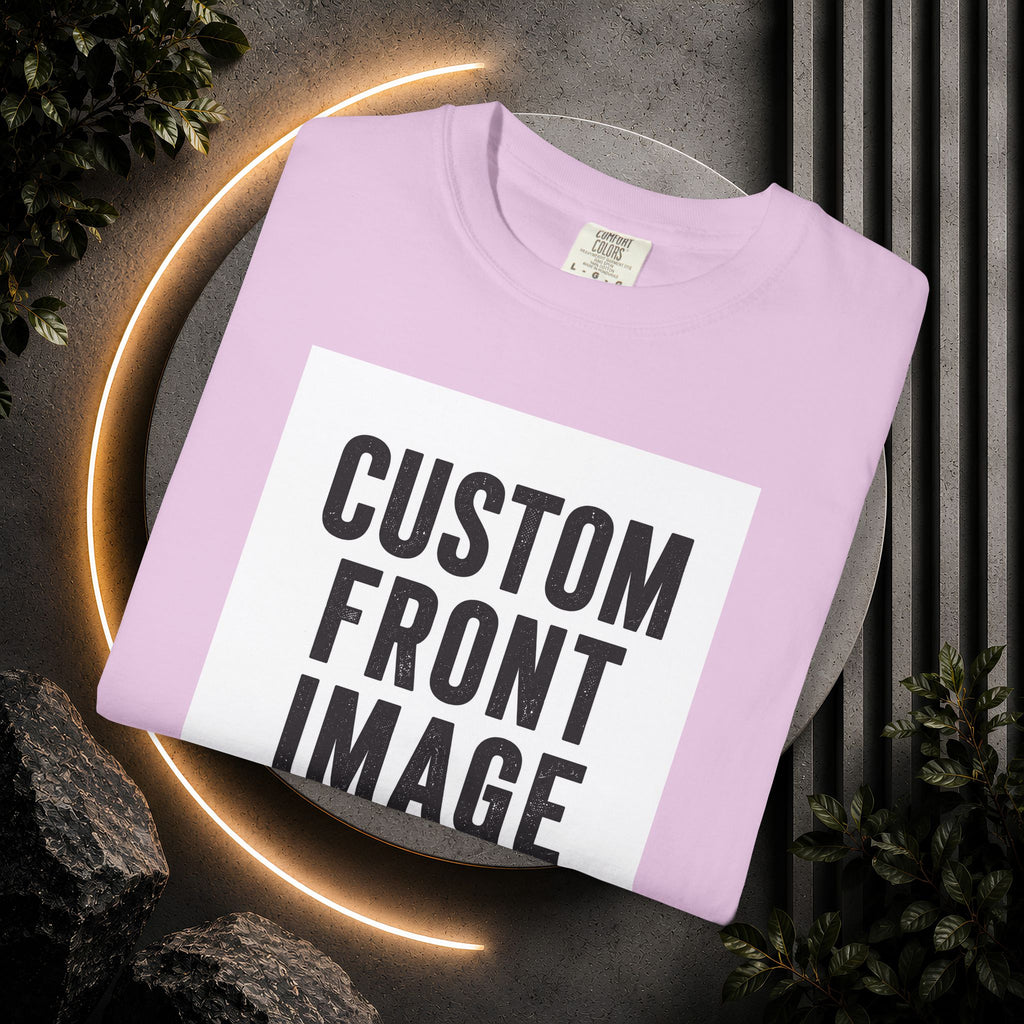Custom Front Square Print T-Shirt — Personalized Text Bottom & Image Tee