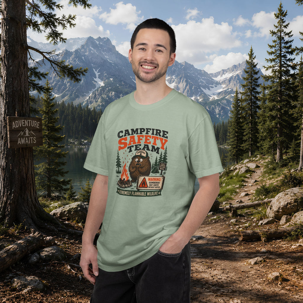 Gumberoo Campfire Safety Tee — Bear Cryptid Patch Graphic