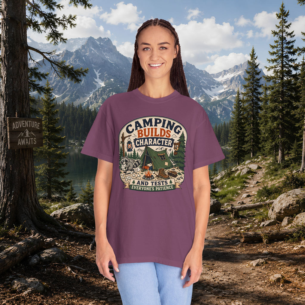 Camping Builds Character T-Shirt — Vintage Tent, Forest & Campfire Outdoor Tee