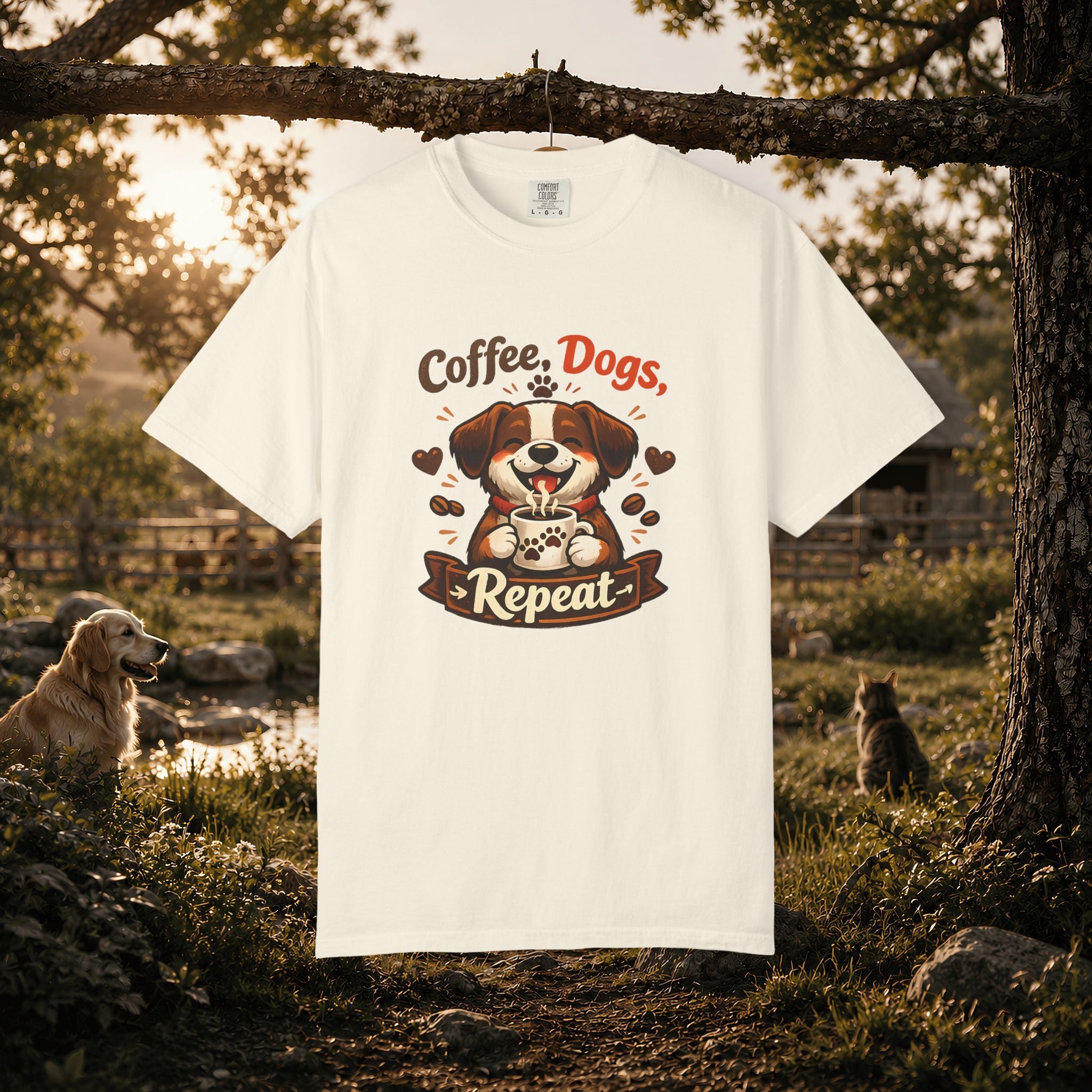 "Coffee, Dogs, Repeat" Cute Dog & Coffee Graphic T-Shirt