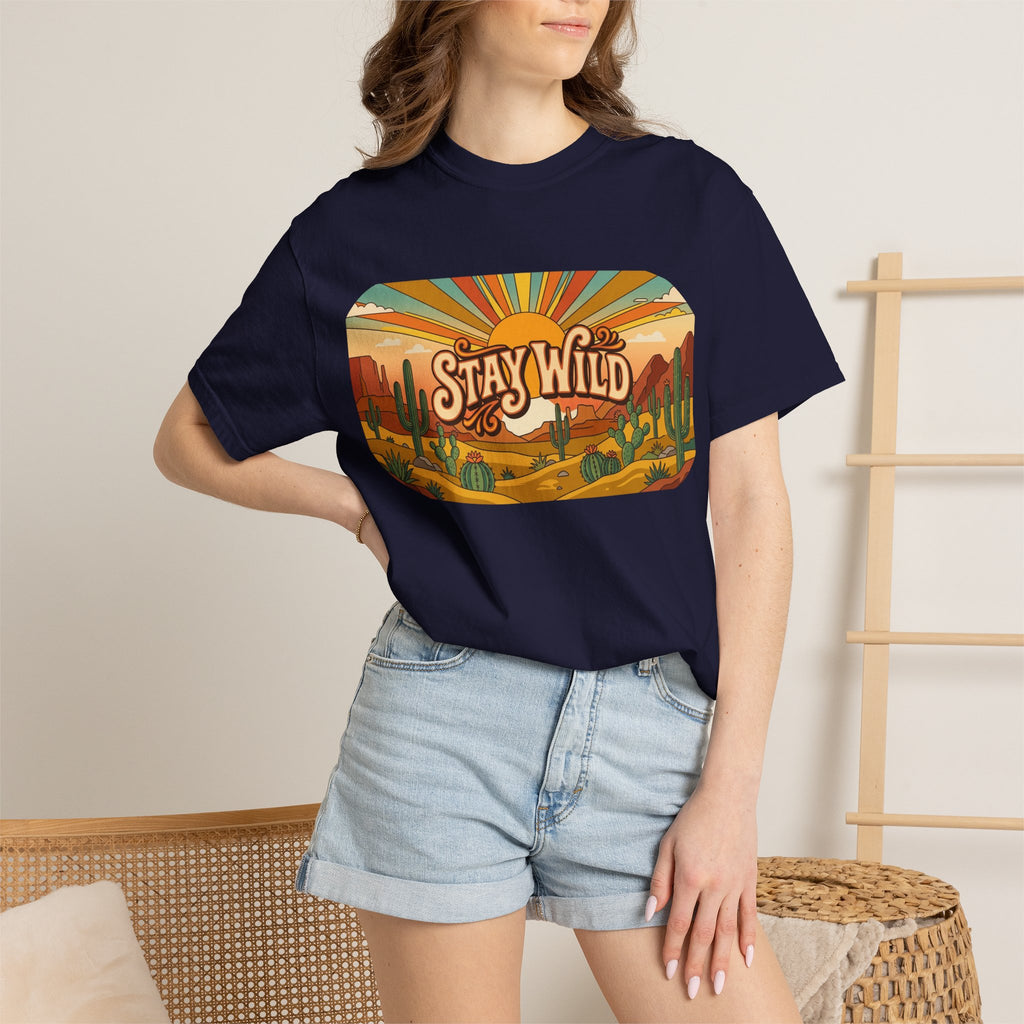 Stay Wild Desert Sunset T-shirt | Retro Cactus Landscape