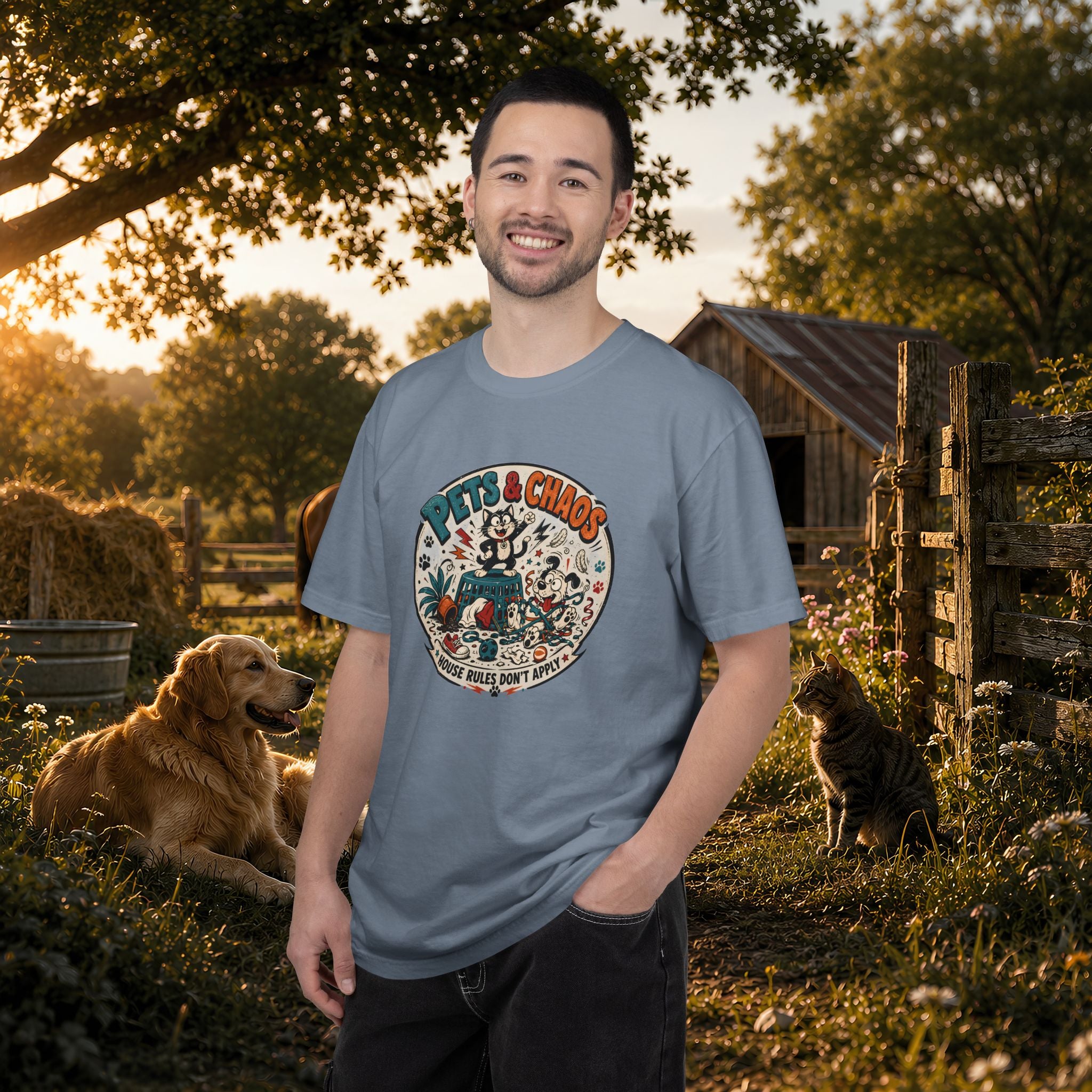 Pets & Chaos Graphic T-Shirt — "House Rules Don't Apply" Vintage Pet Lover Tee