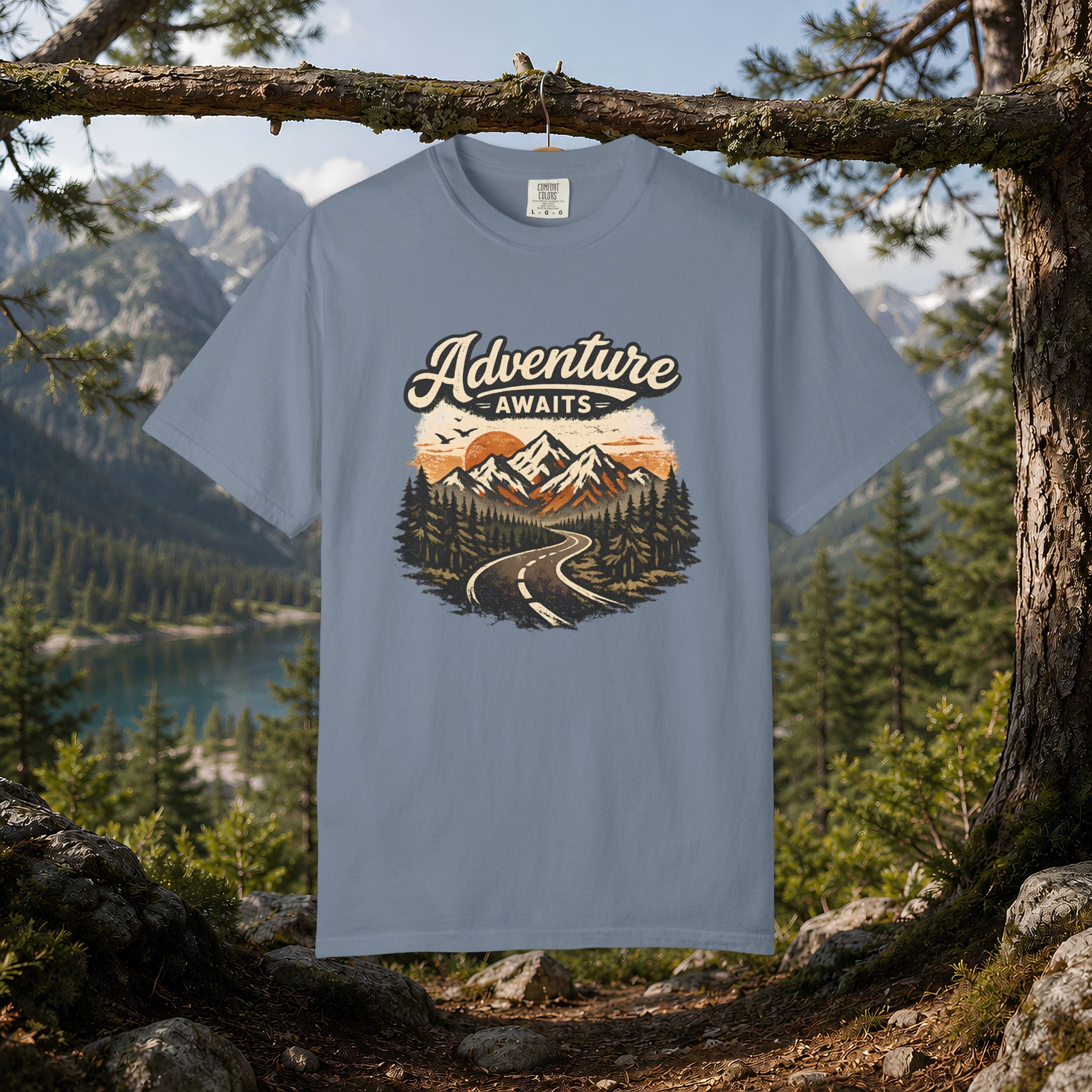Adventure Awaits T-Shirt — Scenic Mountain Road Graphic Tee