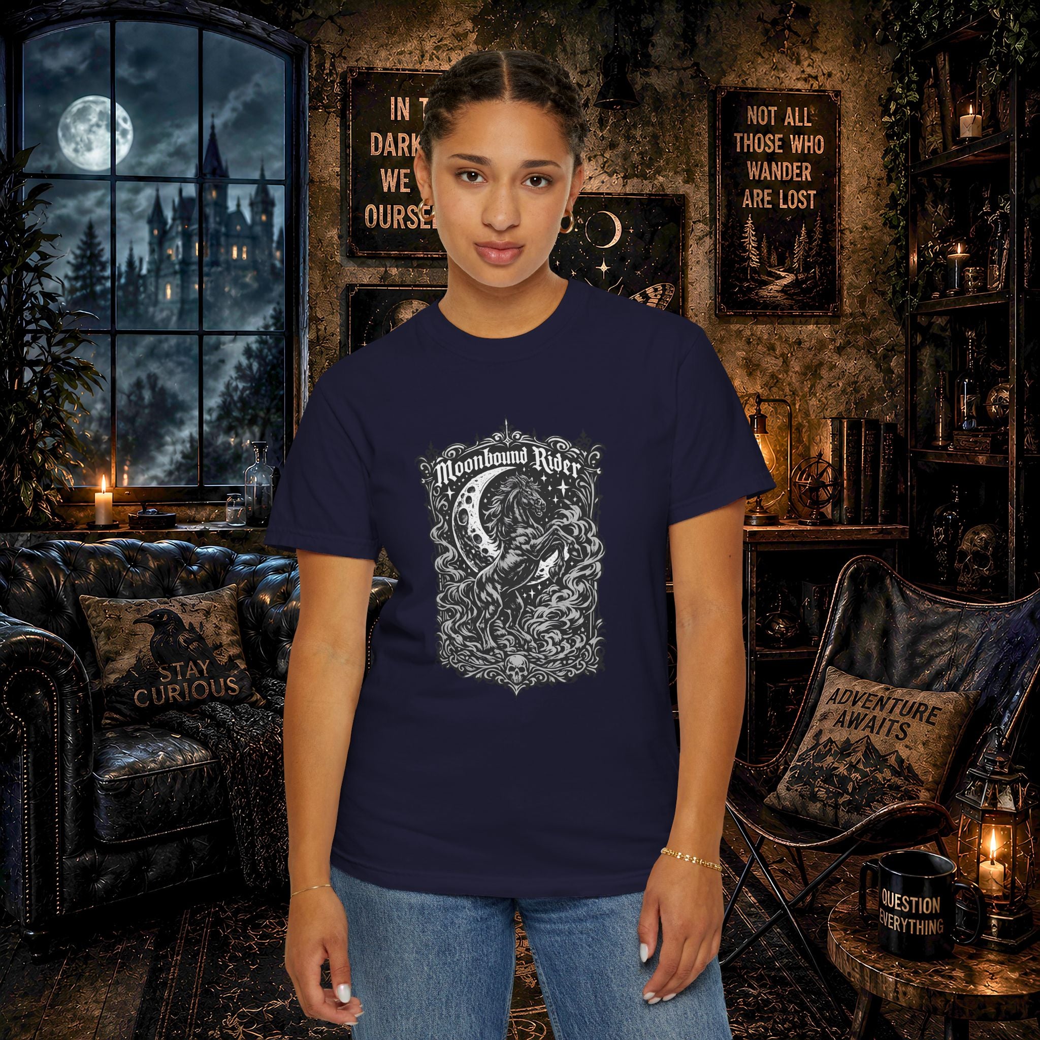 Moonbound Rider T‑Shirt — Gothic Horse Moon Design