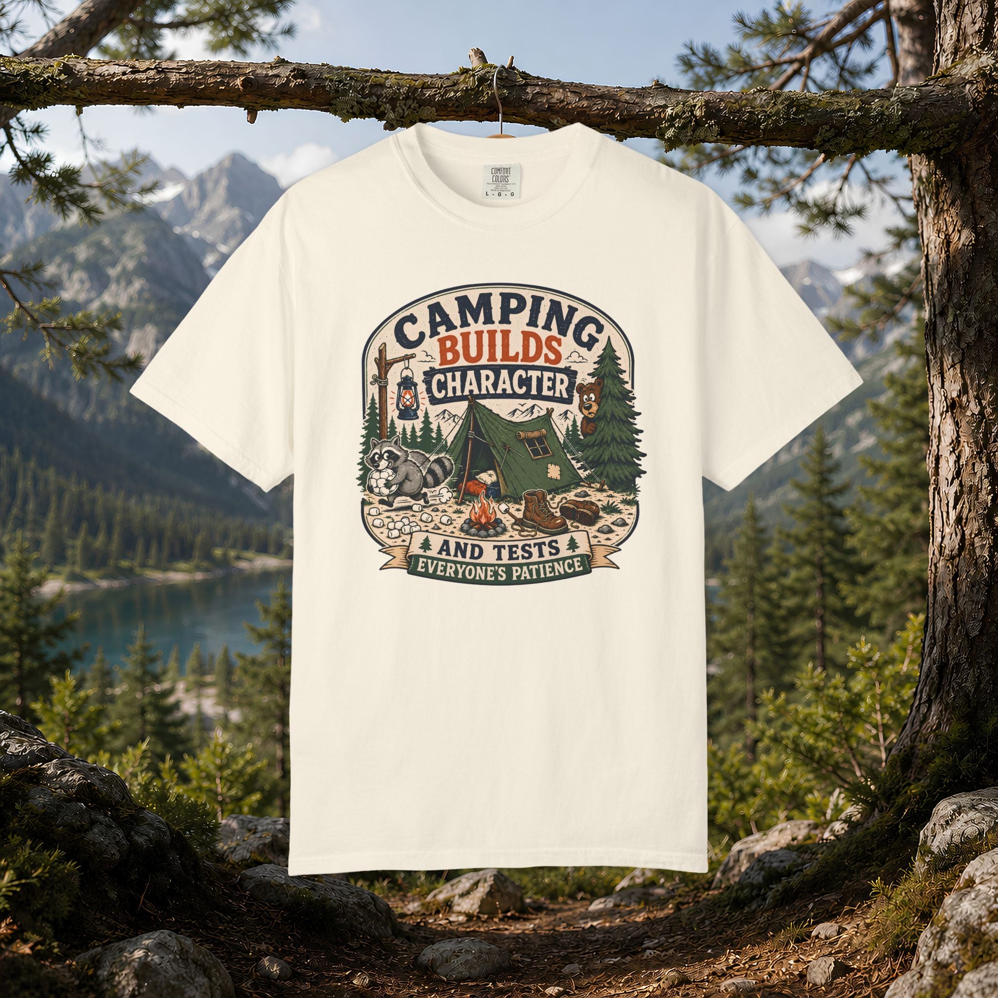Camping Builds Character T-Shirt — Vintage Tent, Forest & Campfire Outdoor Tee
