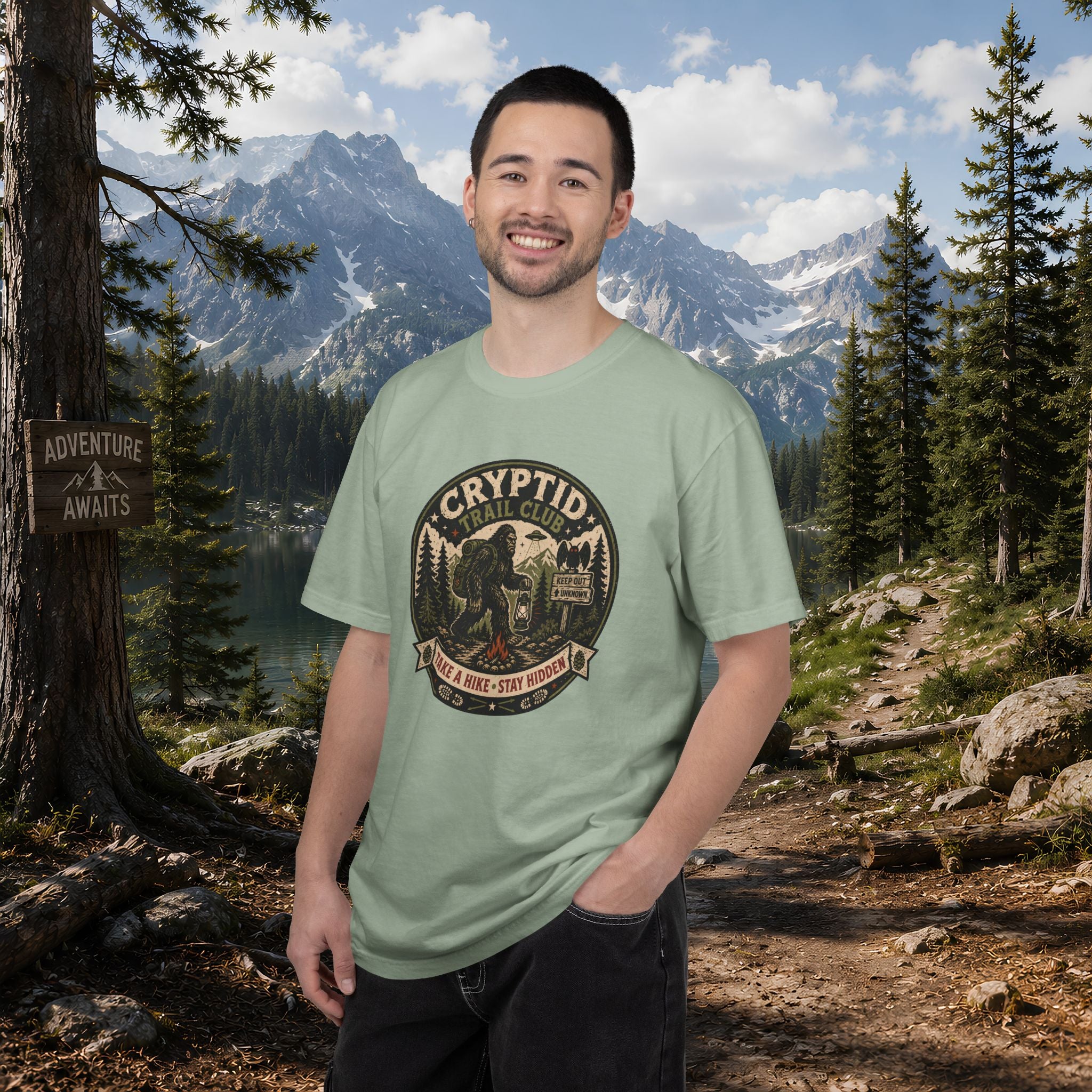 Cryptid Trail Club T-Shirt — "Take a Hike, Stay Hidden" Outdoor Sasquatch Tee