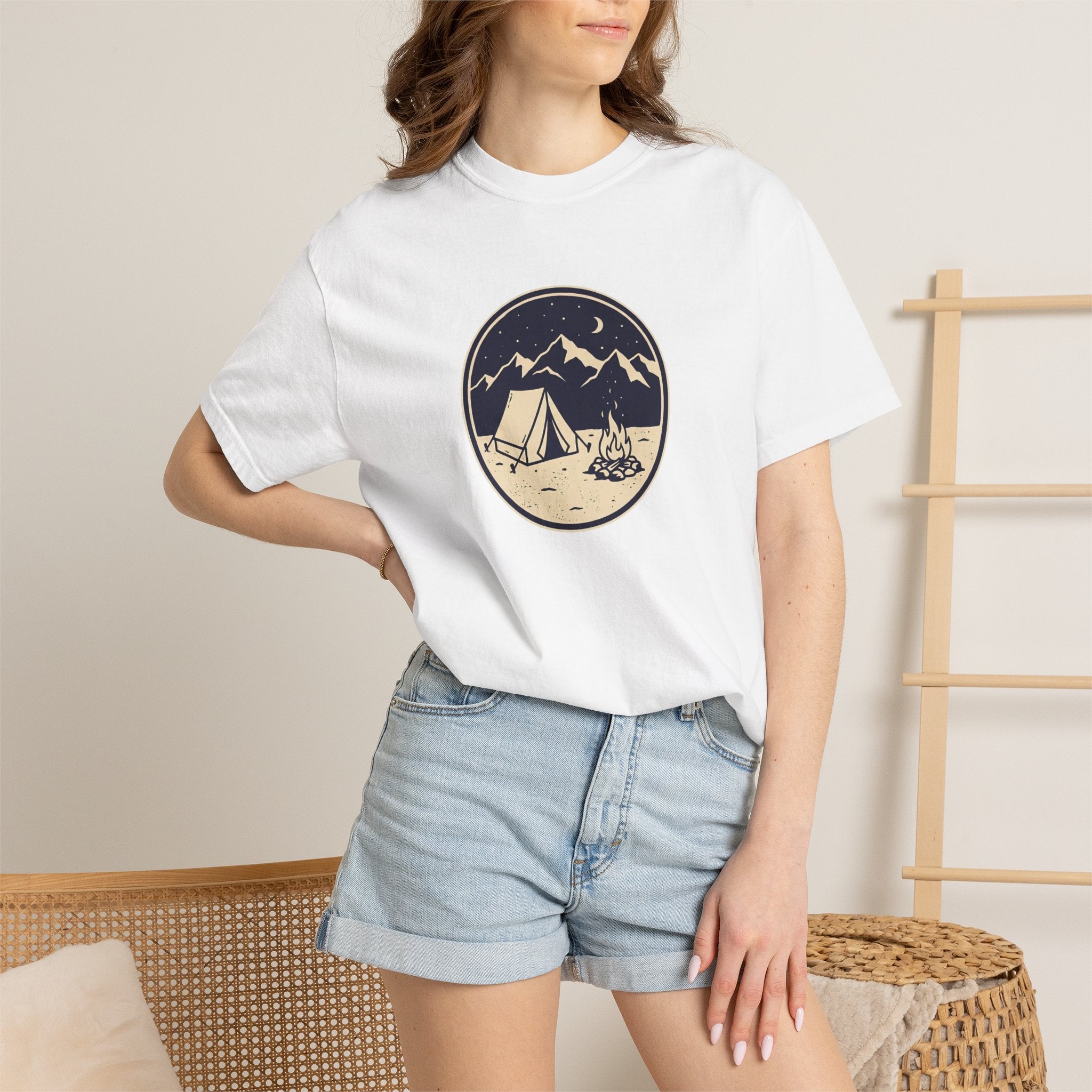 Mountain Camping Circle Art T-shirt | Tent Campfire Outdoors Tee