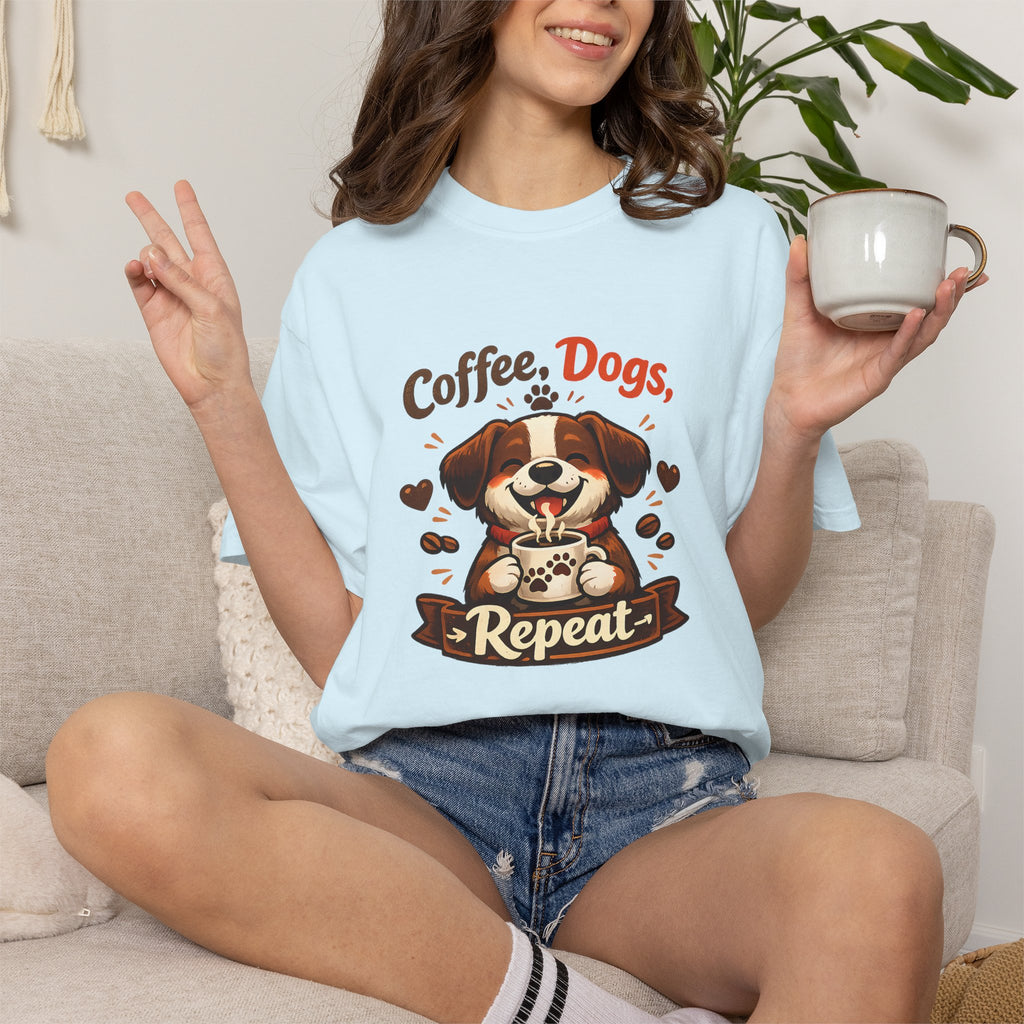 "Coffee, Dogs, Repeat" Cute Dog & Coffee Graphic T-Shirt