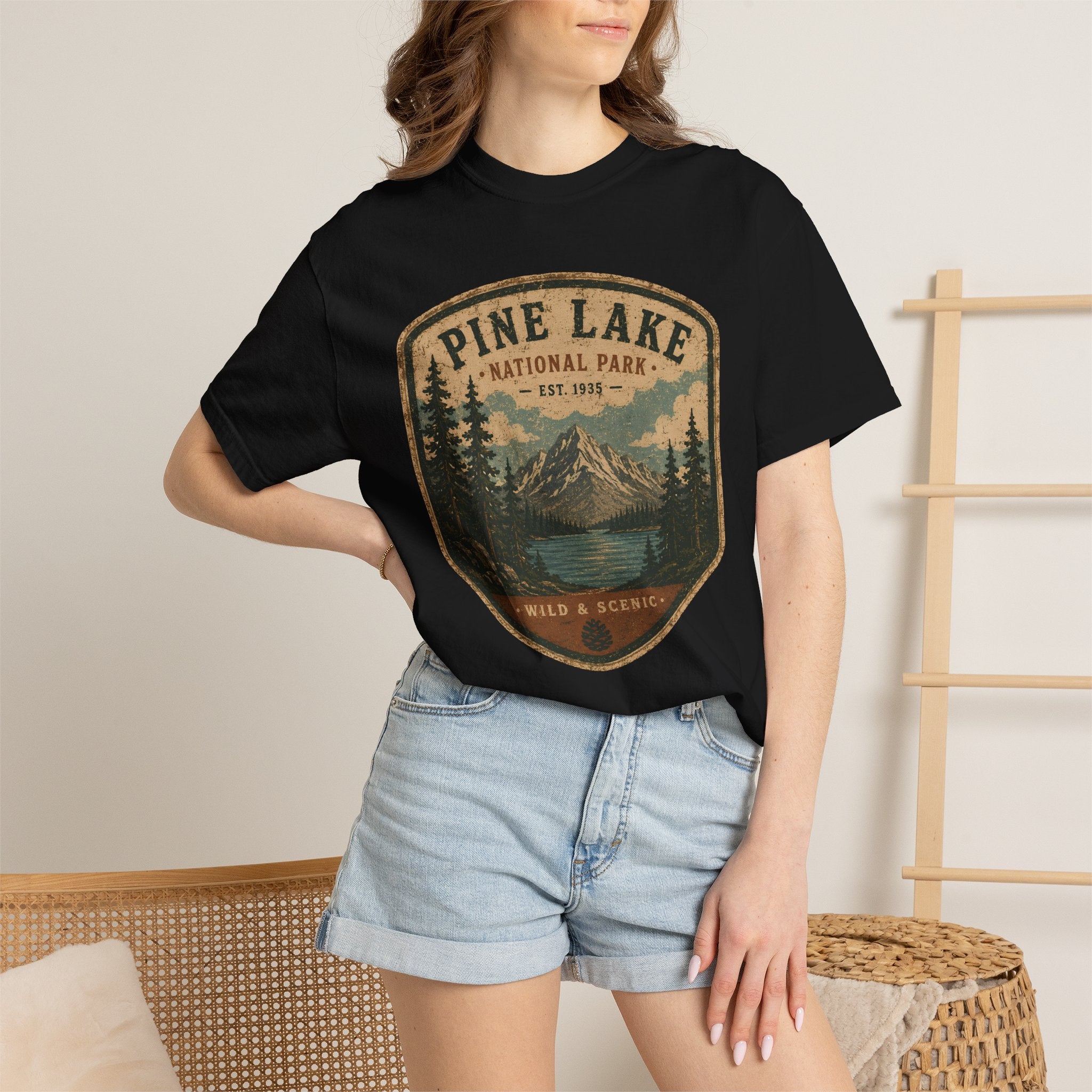 Pine Lake National Park Badge T-Shirt | Mountain Lake Forest Graphic