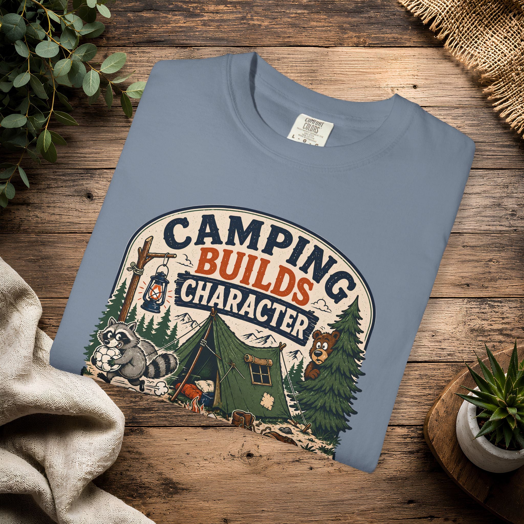 Camping Builds Character T-Shirt — Vintage Tent, Forest & Campfire Outdoor Tee