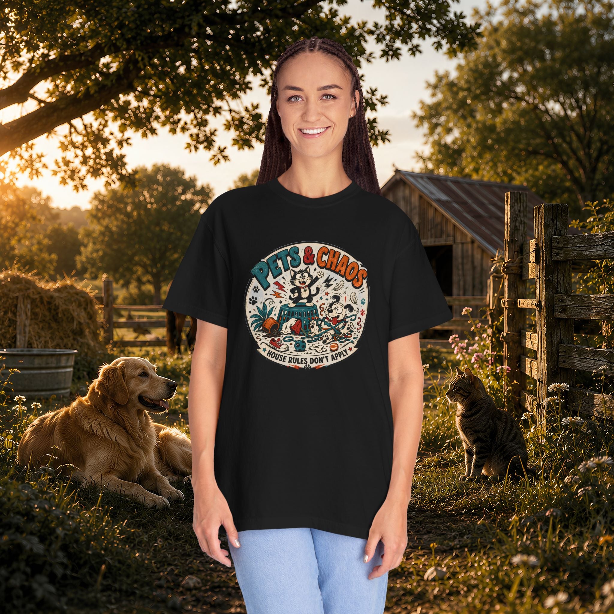 Pets & Chaos Graphic T-Shirt — "House Rules Don't Apply" Vintage Pet Lover Tee