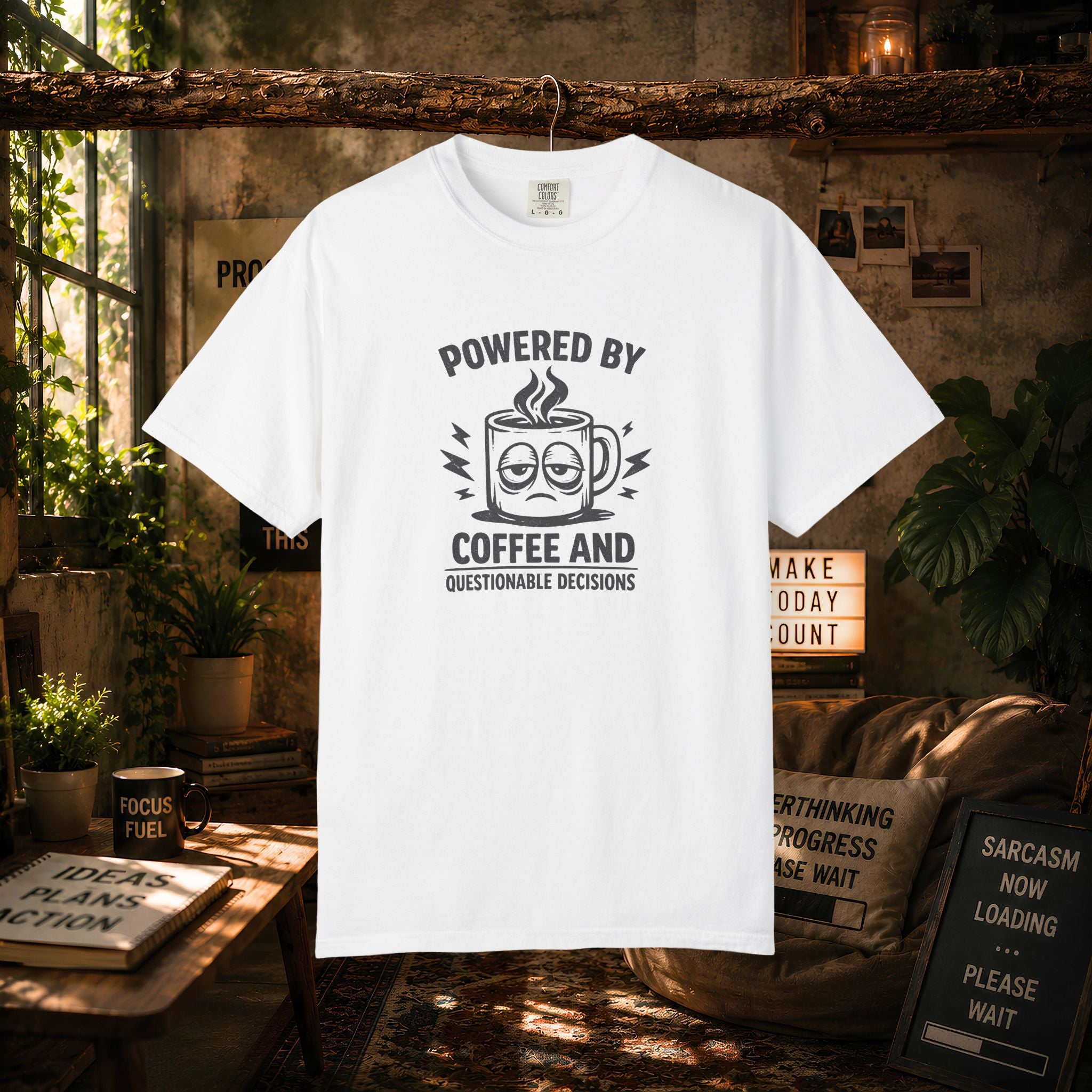 Coffee & Questionable Decisions T-Shirt – Powered by Coffee Graphic Tee