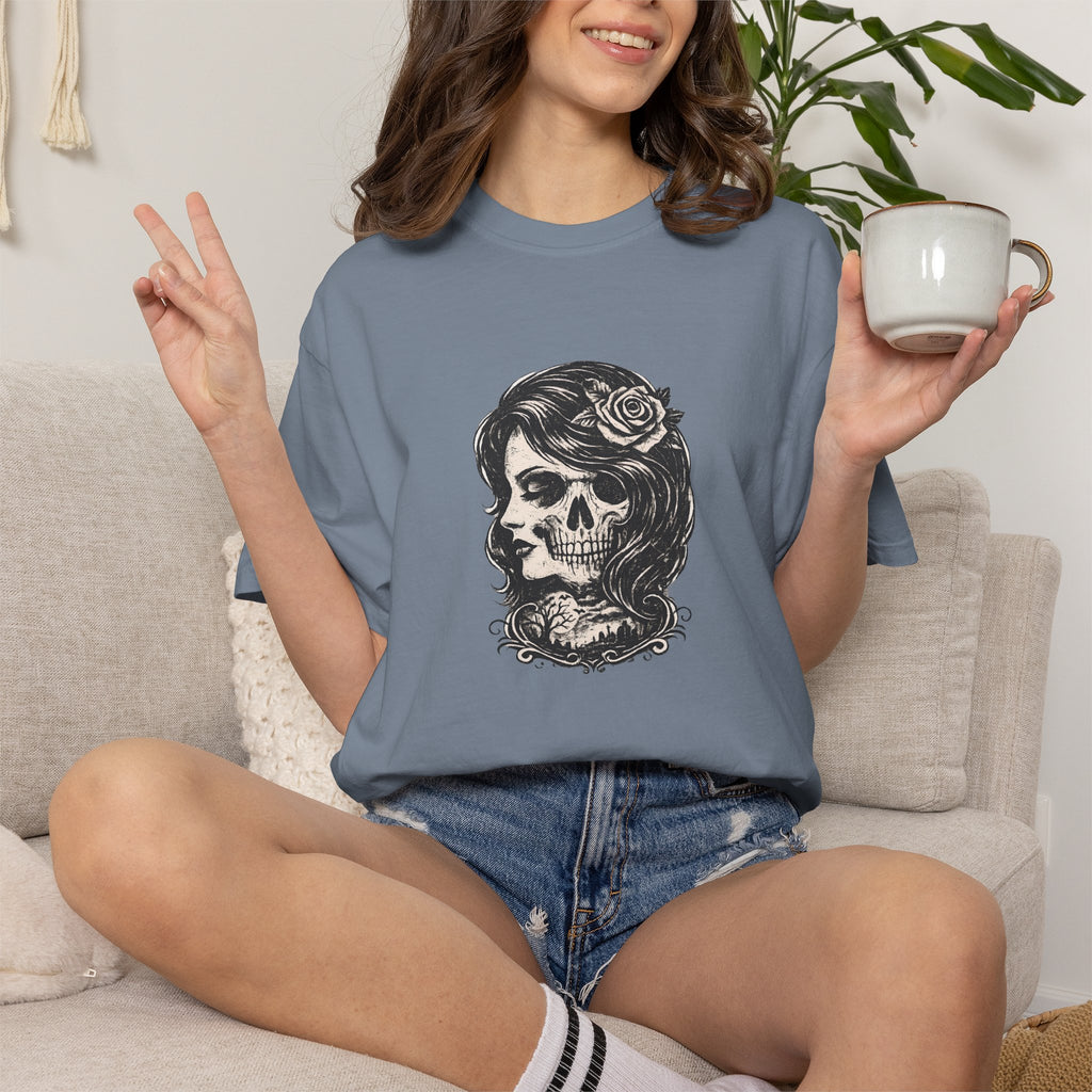 Skull Lady Rose T-Shirt — Vintage Day of the Dead Portrait Tee