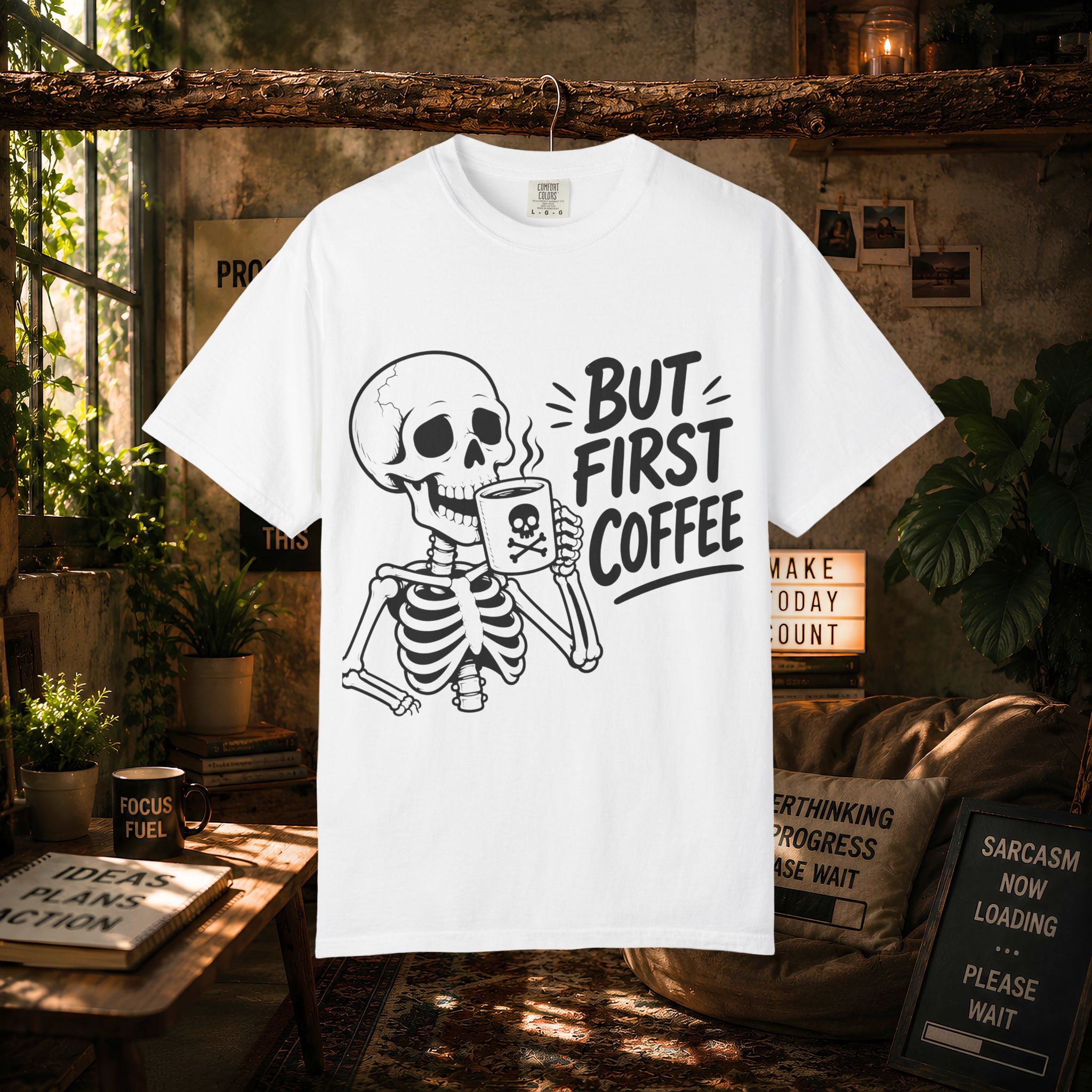 Skeleton Holding Coffee But First Coffee T-Shirt | Coffee Lover Tee