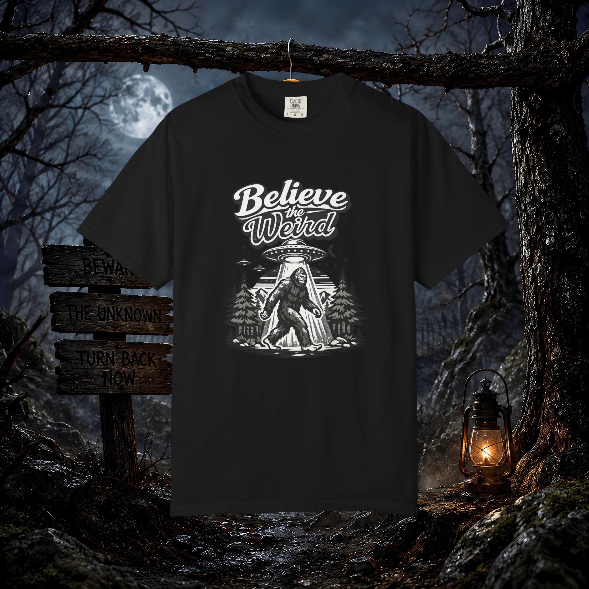 Believe the Weird T-Shirt — Bigfoot Forest UFO Graphic Tee