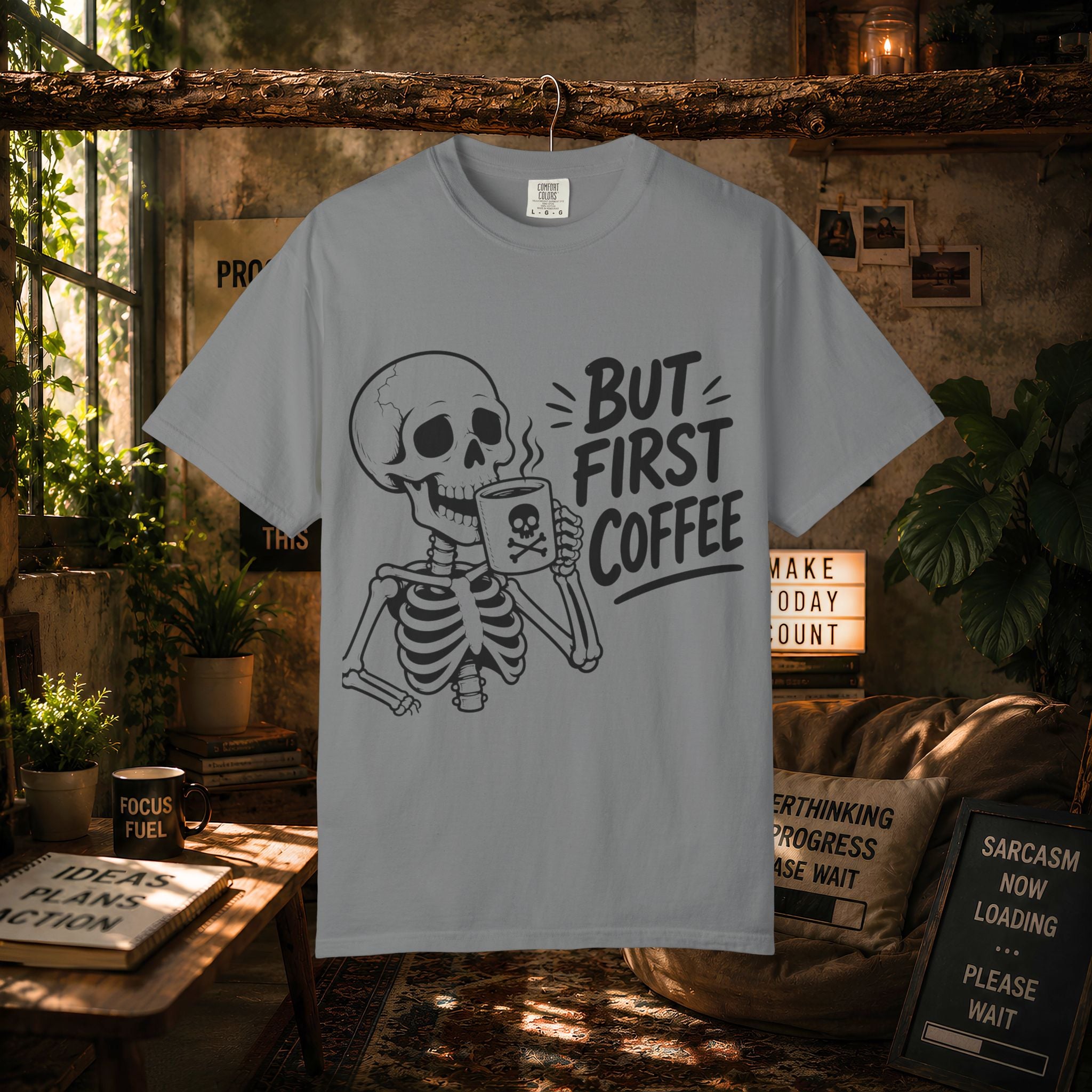 Skeleton Holding Coffee But First Coffee T-Shirt | Coffee Lover Tee