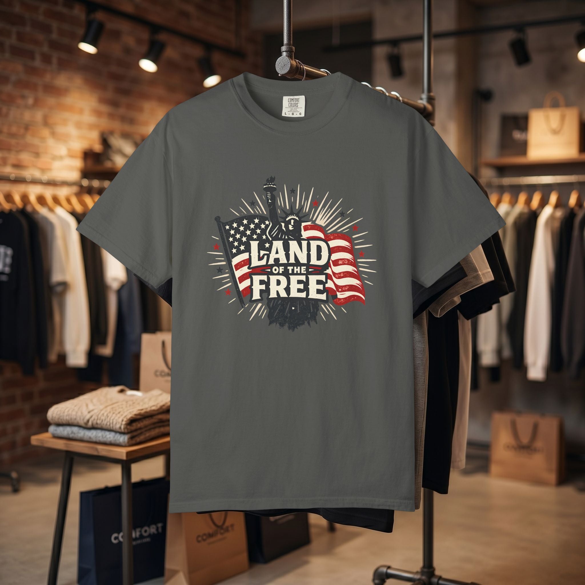 Land of the Free T-Shirt – Patriotic American Flag & Statue of Liberty Graphic