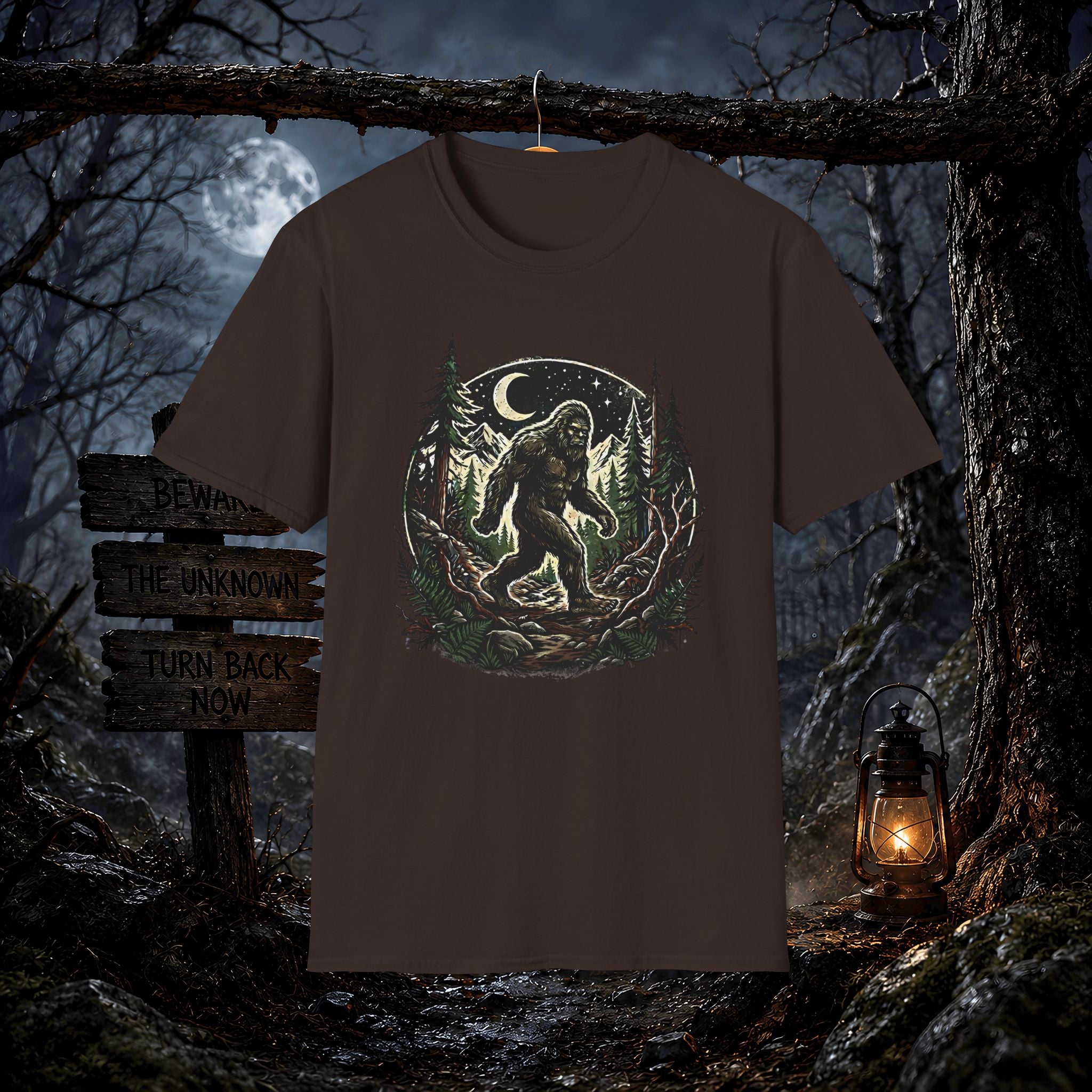 Bigfoot Forest Moon T-Shirt | Sasquatch Night Hiking Design