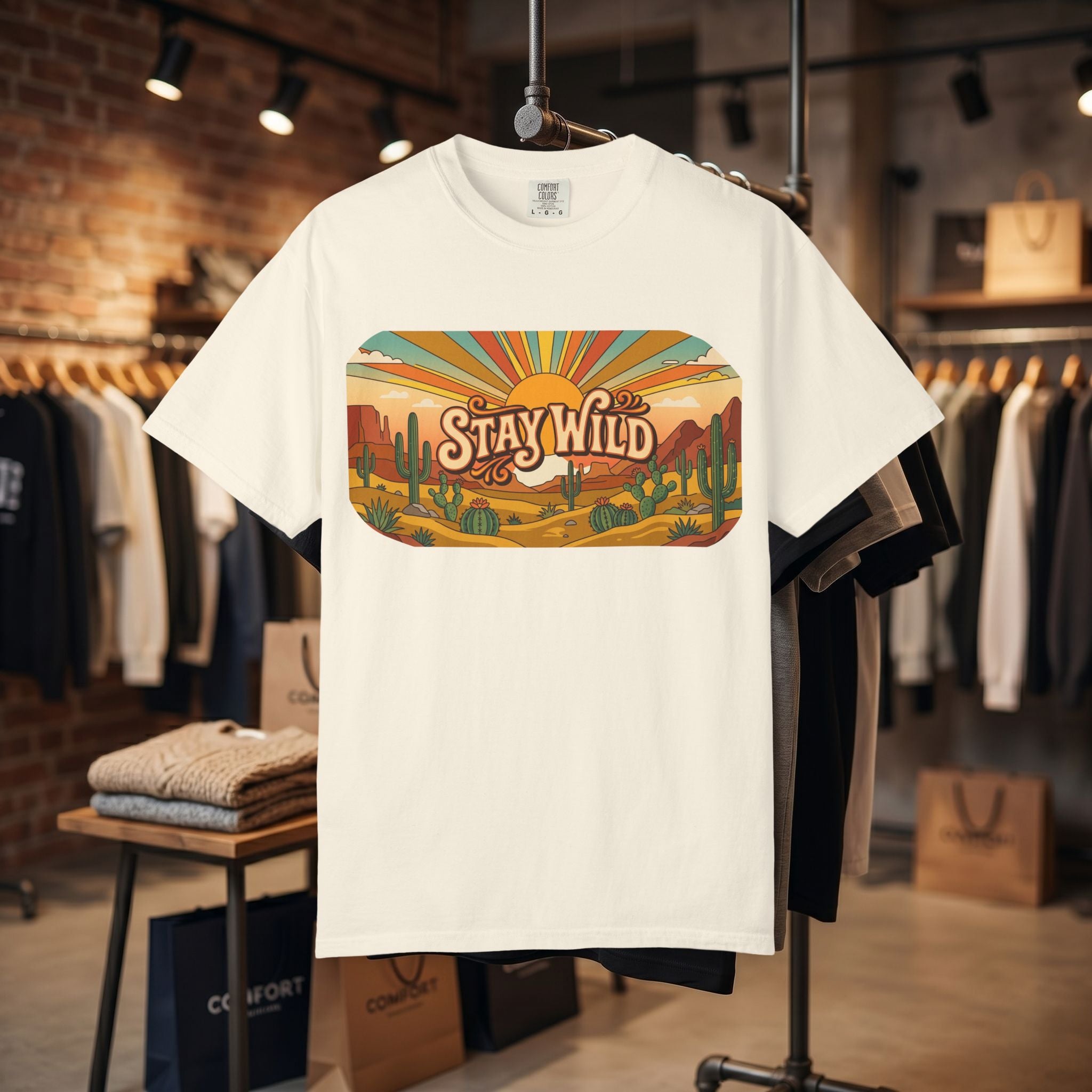 Stay Wild Desert Sunset T-shirt | Retro Cactus Landscape