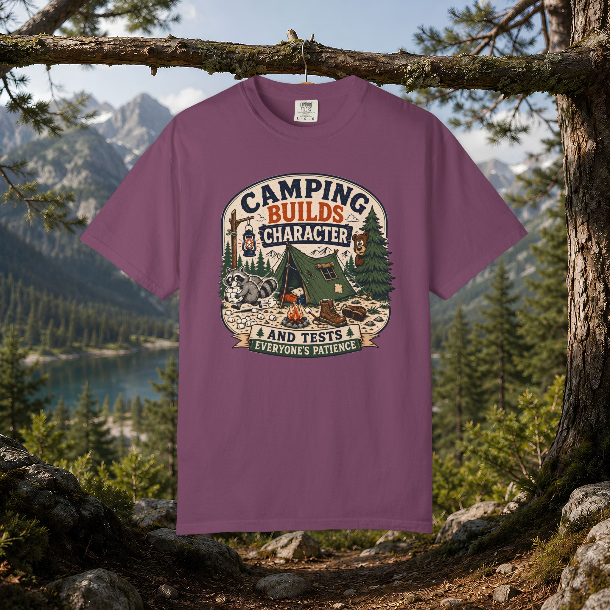 Camping Builds Character T-Shirt — Vintage Tent, Forest & Campfire Outdoor Tee