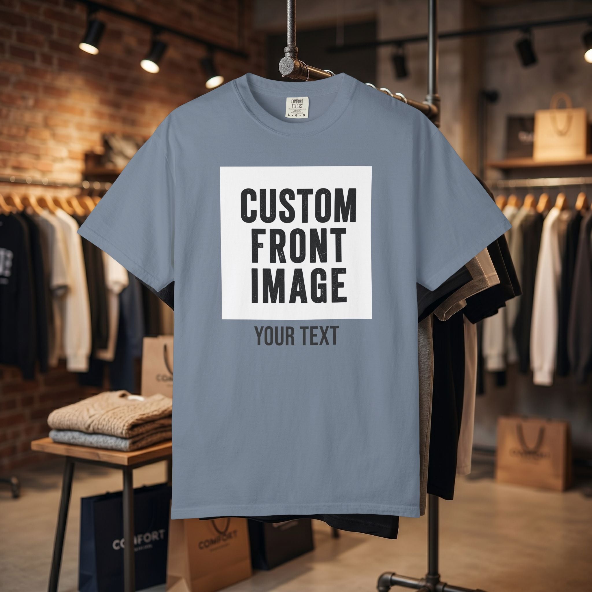 Custom Front Square Print T-Shirt — Personalized Text Bottom & Image Tee