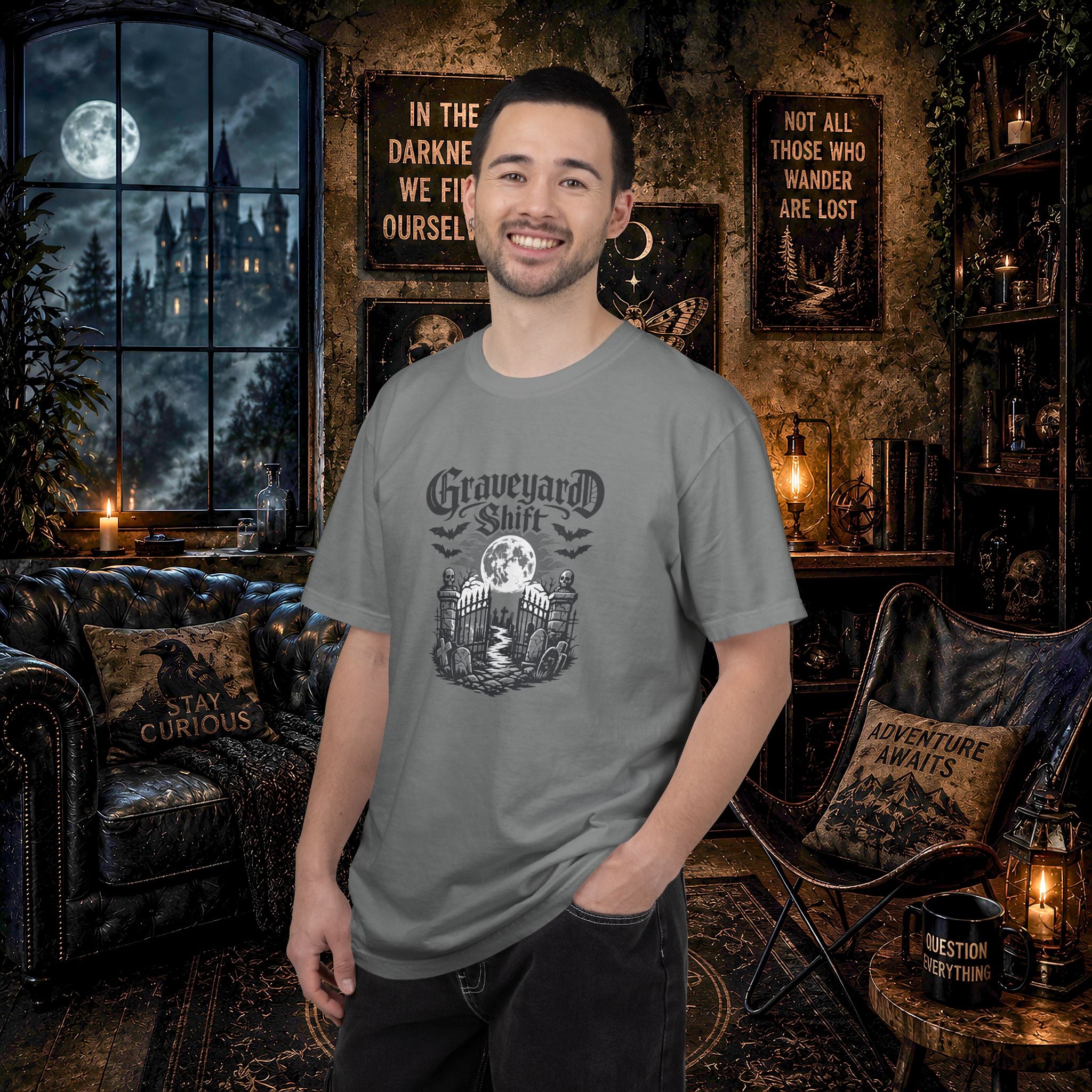 Graveyard Shift T-Shirt — Gothic Cemetery Skull Night Shift Tee