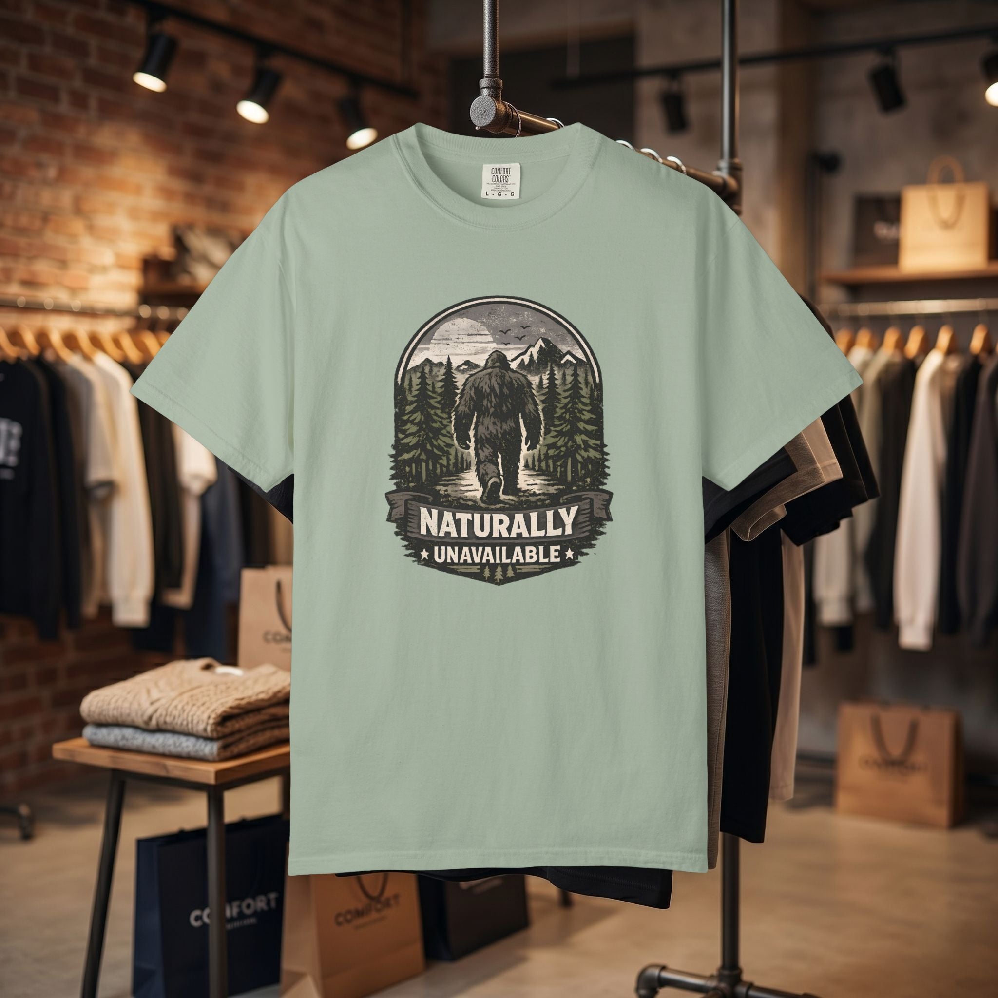 Bigfoot 'Naturally Unavailable' T-Shirt — Bigfoot Walking Into Forest Graphic