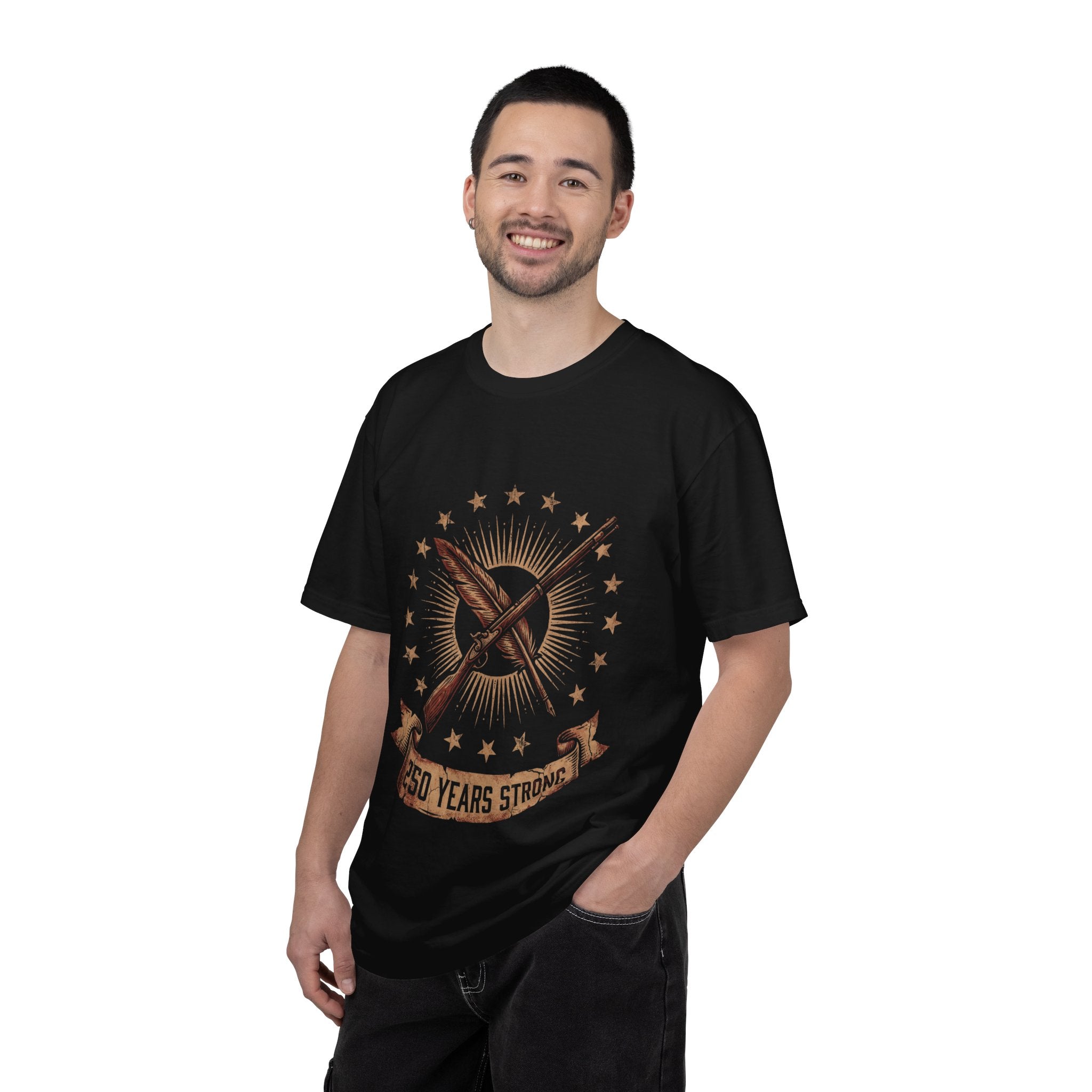 250 Years Strong flag rifle crest T-shirt | patriotic American heritage