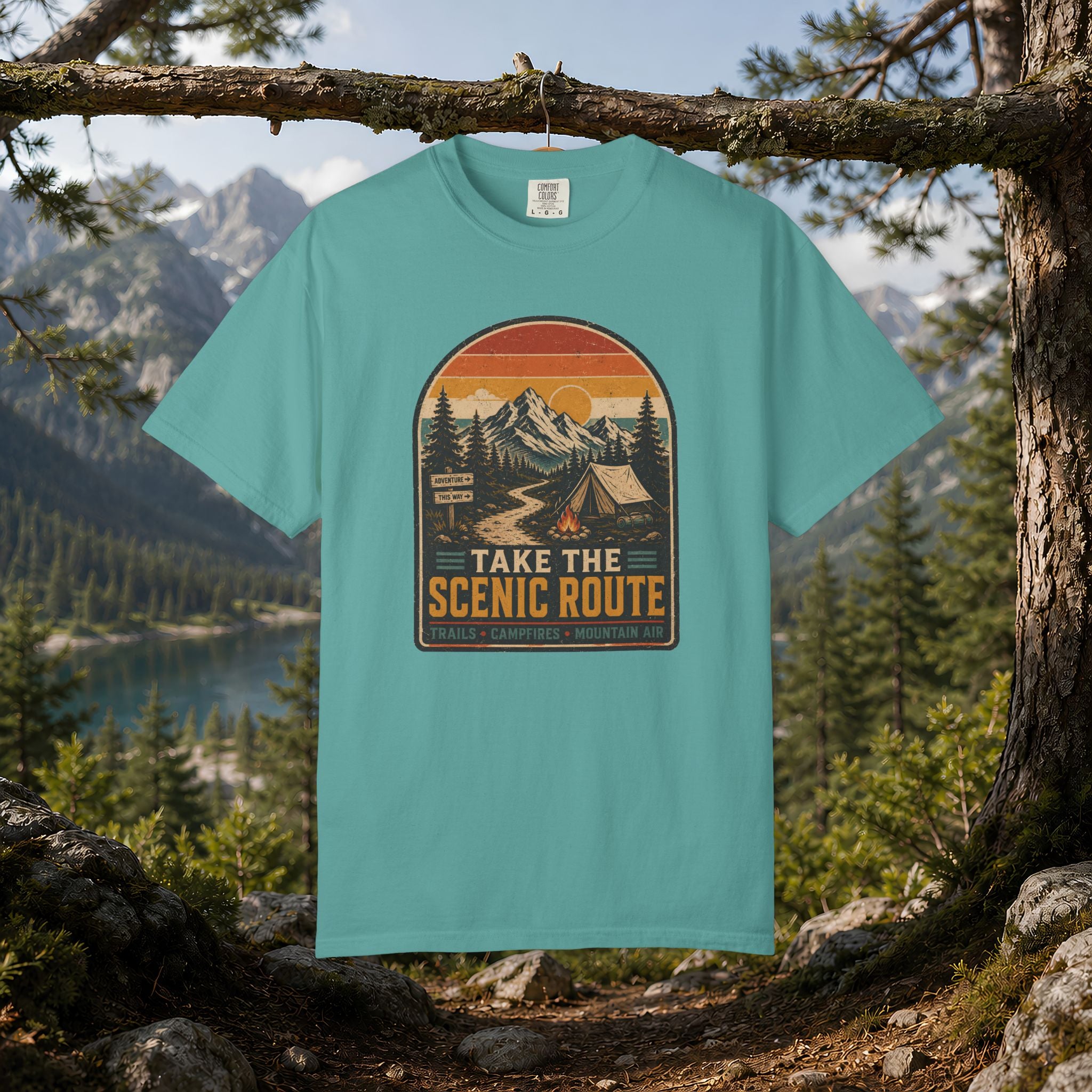 Scenic Route Camping T-Shirt — Retro Mountains & Tent Outdoor Tee