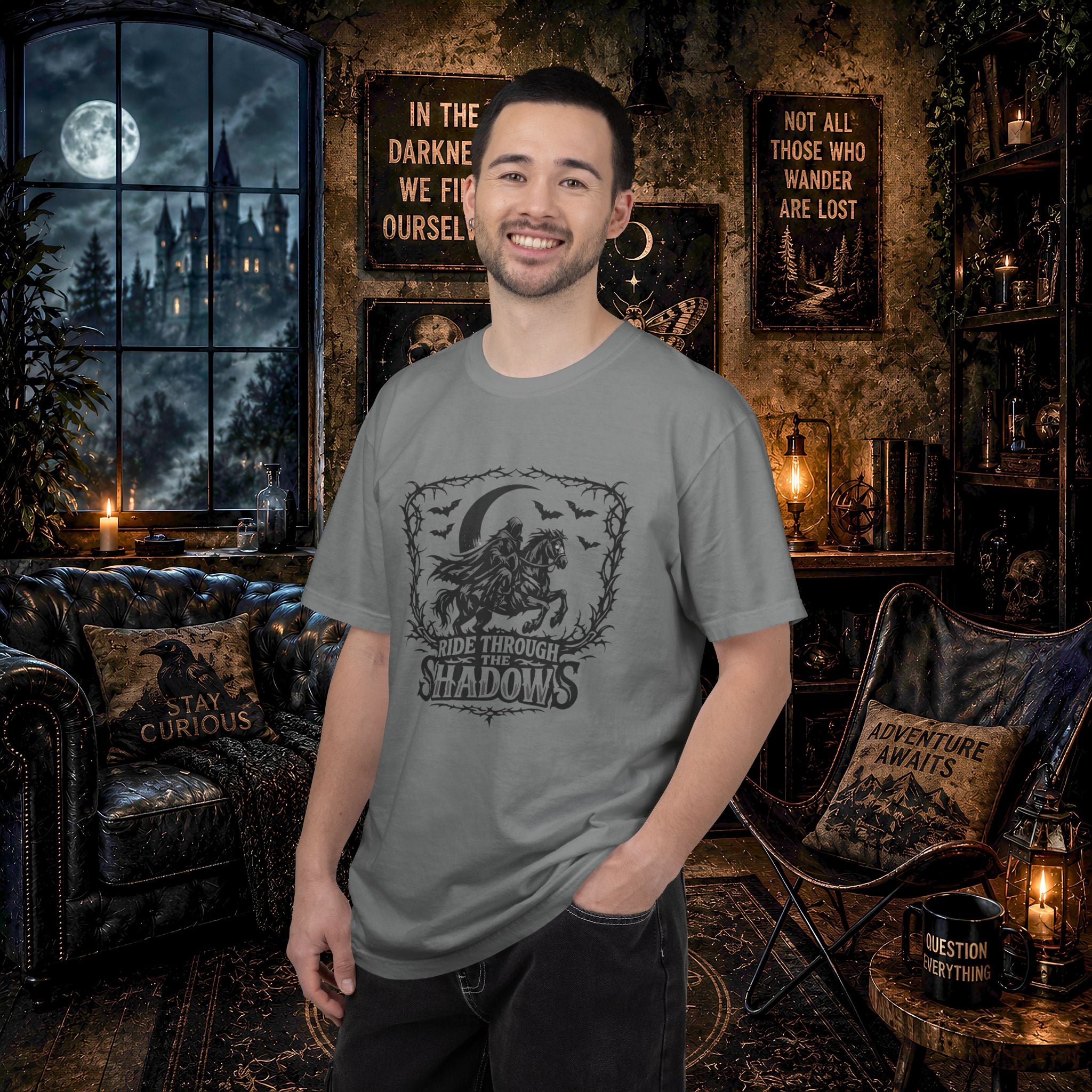 Ride Through Shadows T-Shirt — Gothic Raven Horse Moon Design