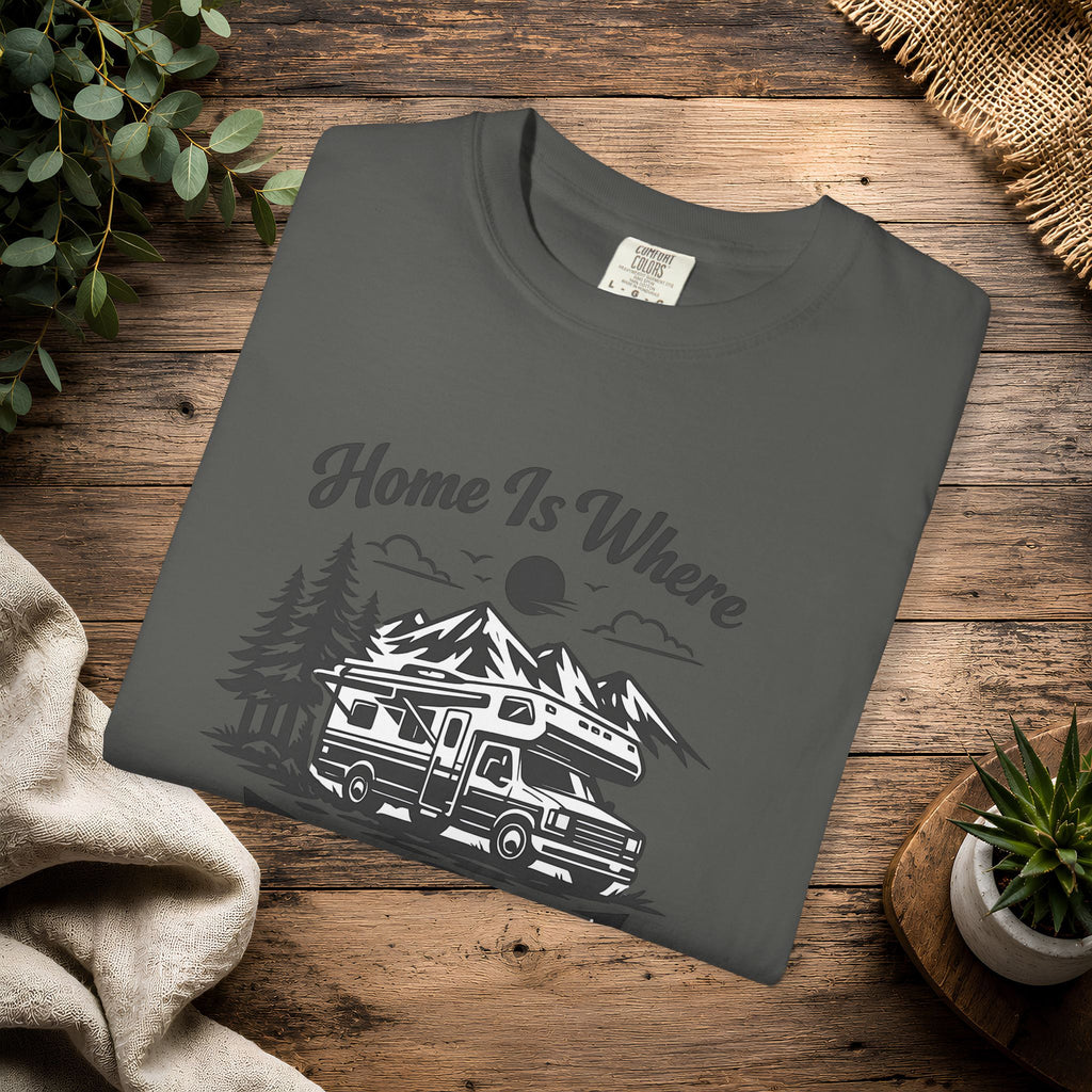 RV Camper T-Shirt — "Home Is Where We Park It" Graphic Tee for RV & van life lovers