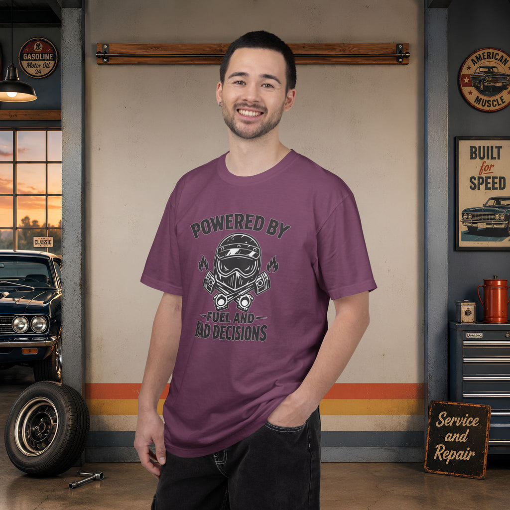 Powered By Fuel And Bad Decisions T-Shirt — Motorcycle Helmet Graphic Tee