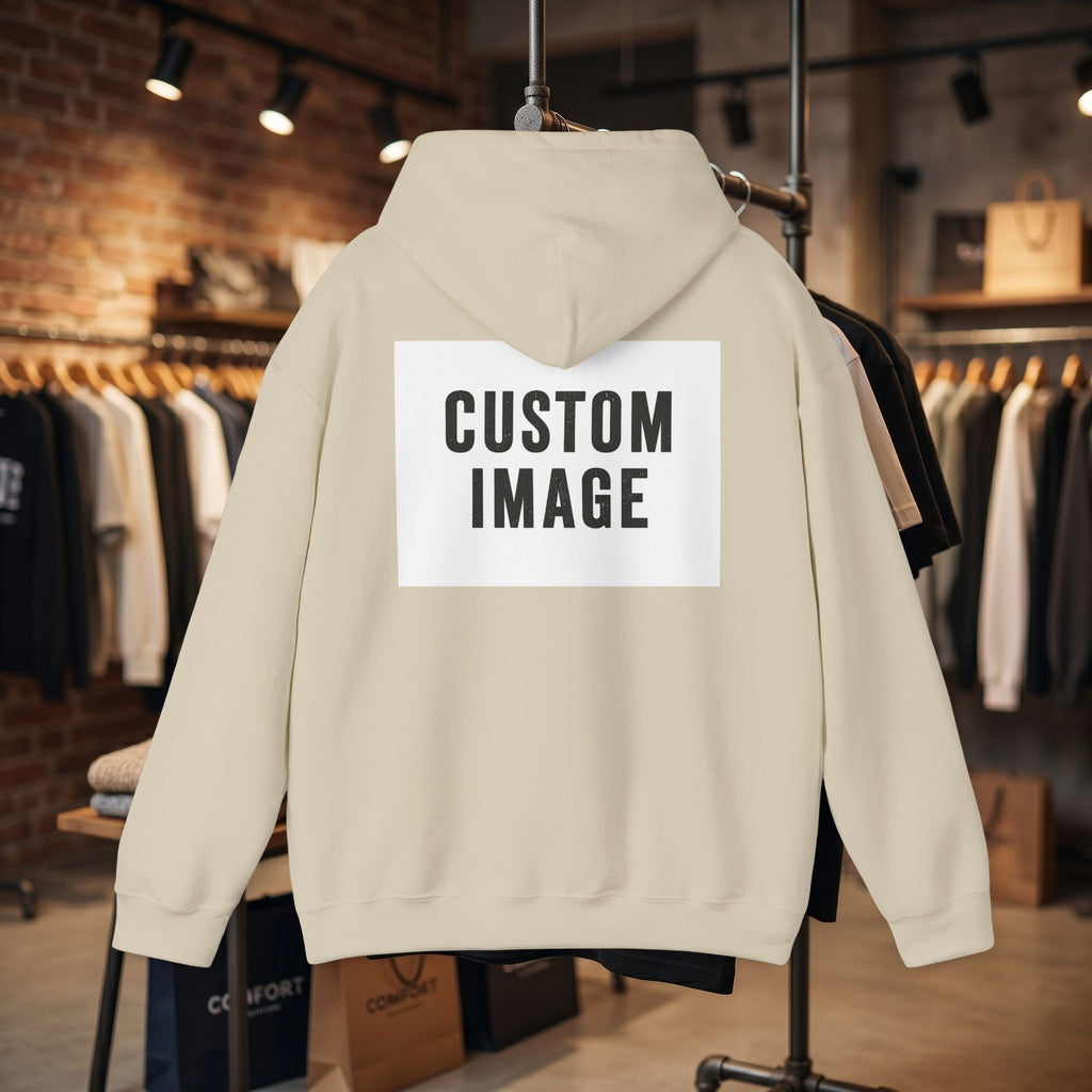 Custom Front Small Left and Back Image Hoodie — Personalized White Pullover Hooded Sweatshirt