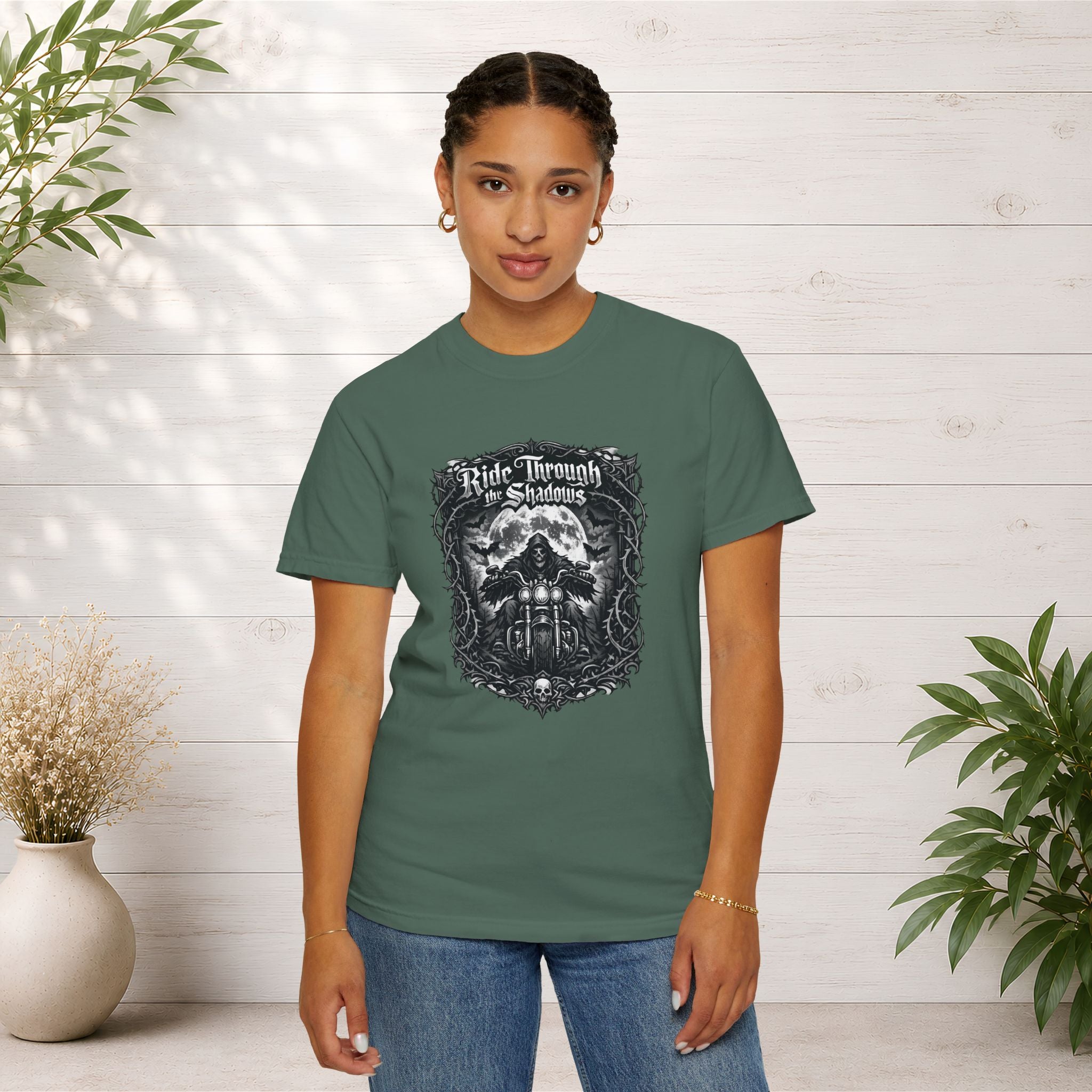 Ride Through Shadows T-Shirt — Gothic Skull Motorcycle Graphic Tee