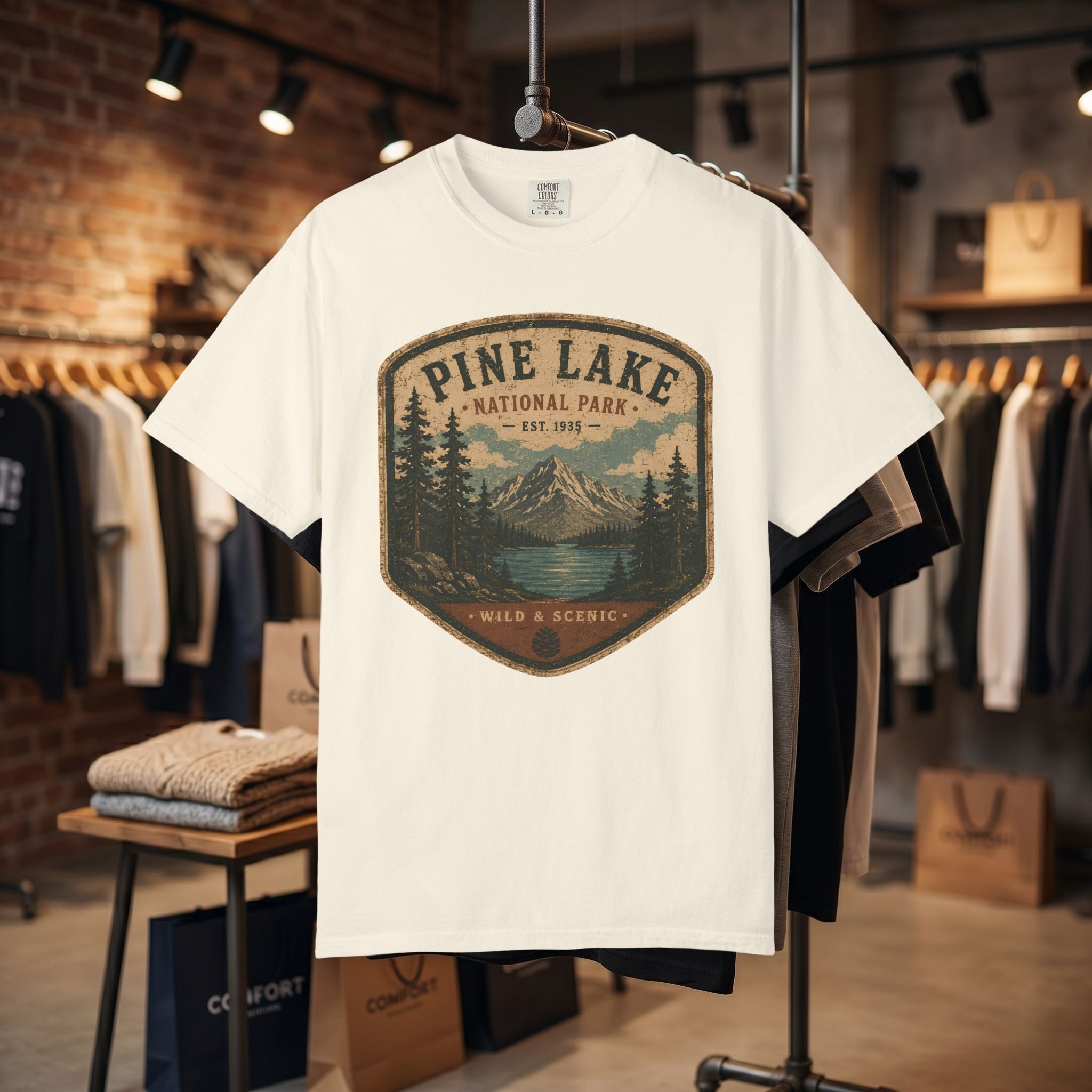 Pine Lake National Park Badge T-Shirt | Mountain Lake Forest Graphic