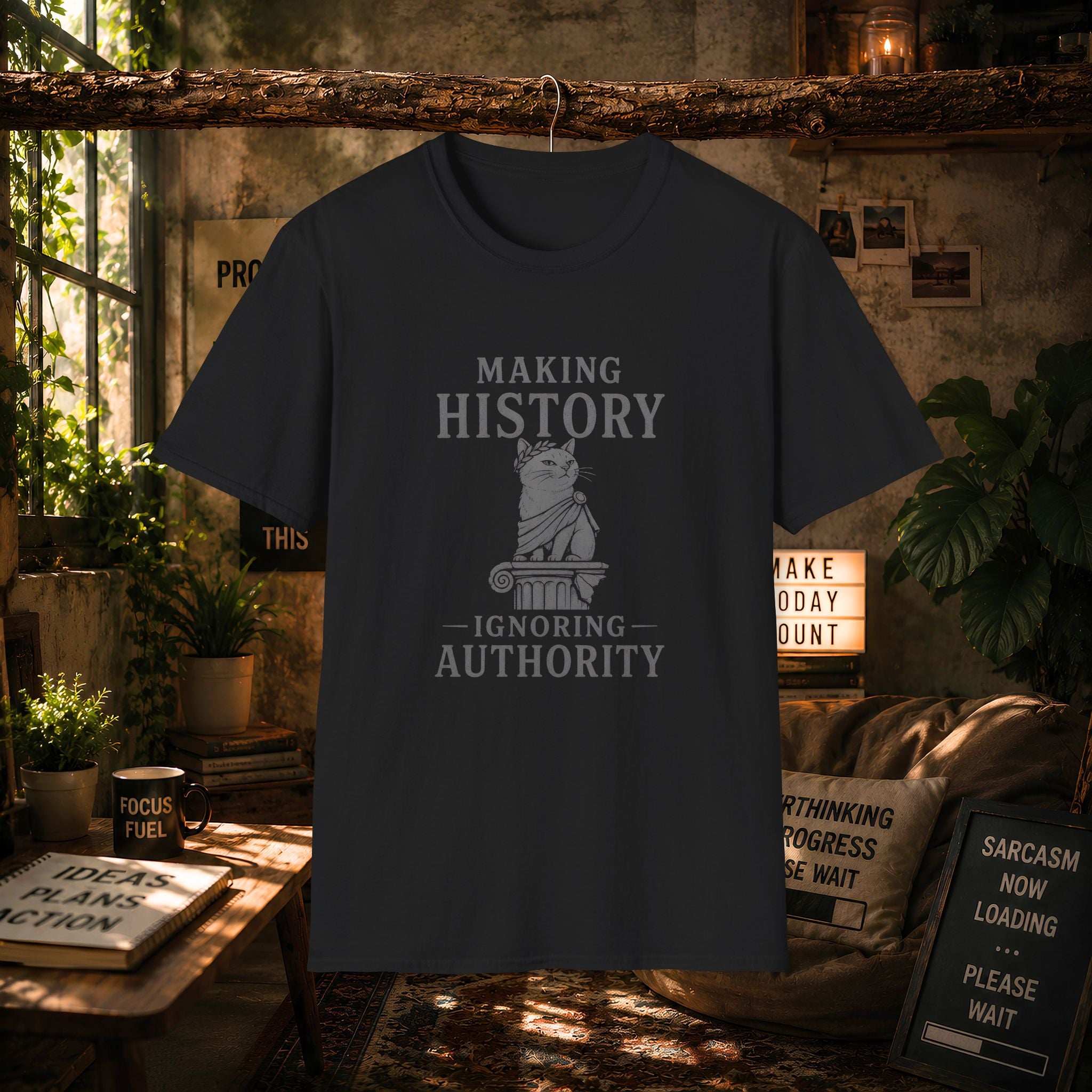 Making History cat statue T-Shirt | "Making History Ignoring Authority" design