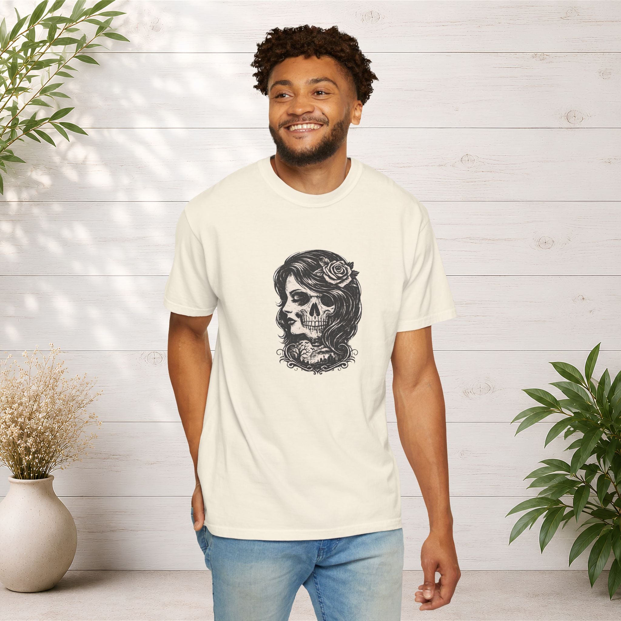 Skull Lady Rose T-Shirt — Vintage Day of the Dead Portrait Tee