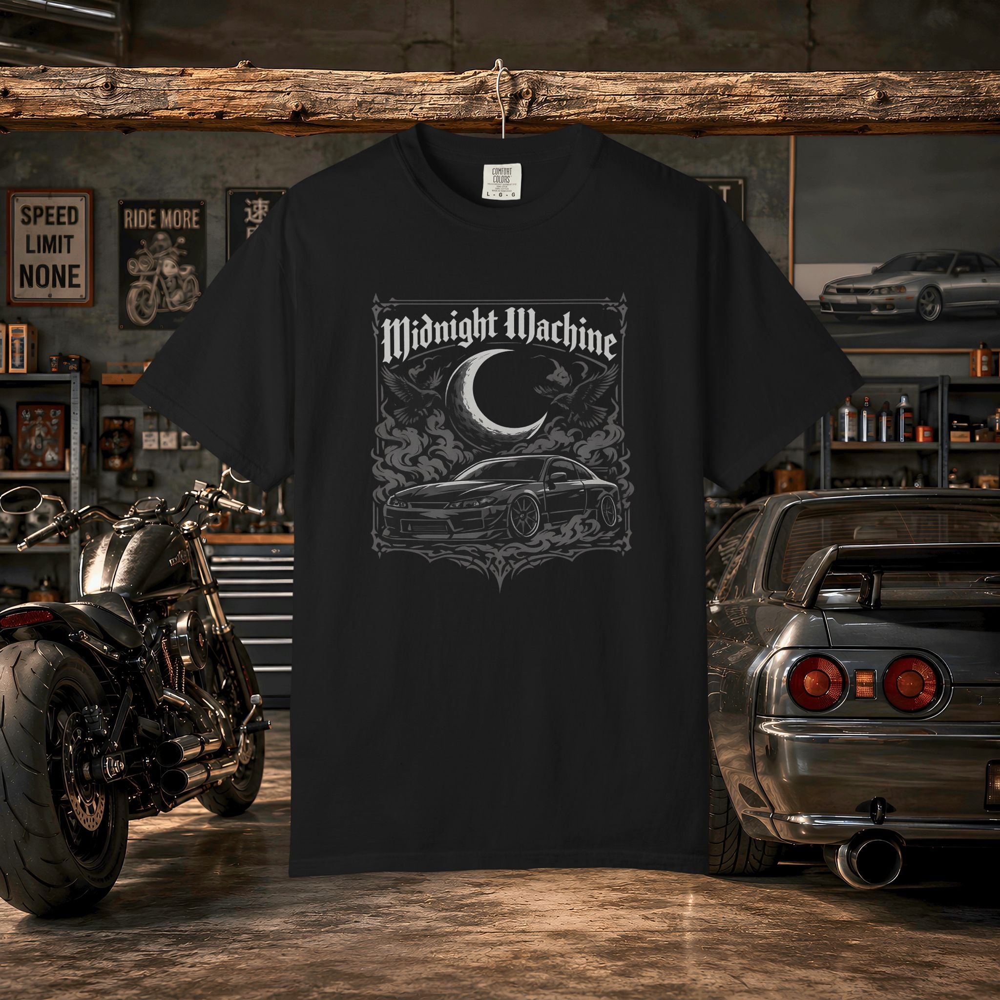 Midnight Machine Graphic T-Shirt — Retro Car Moon Tee for Night Drivers