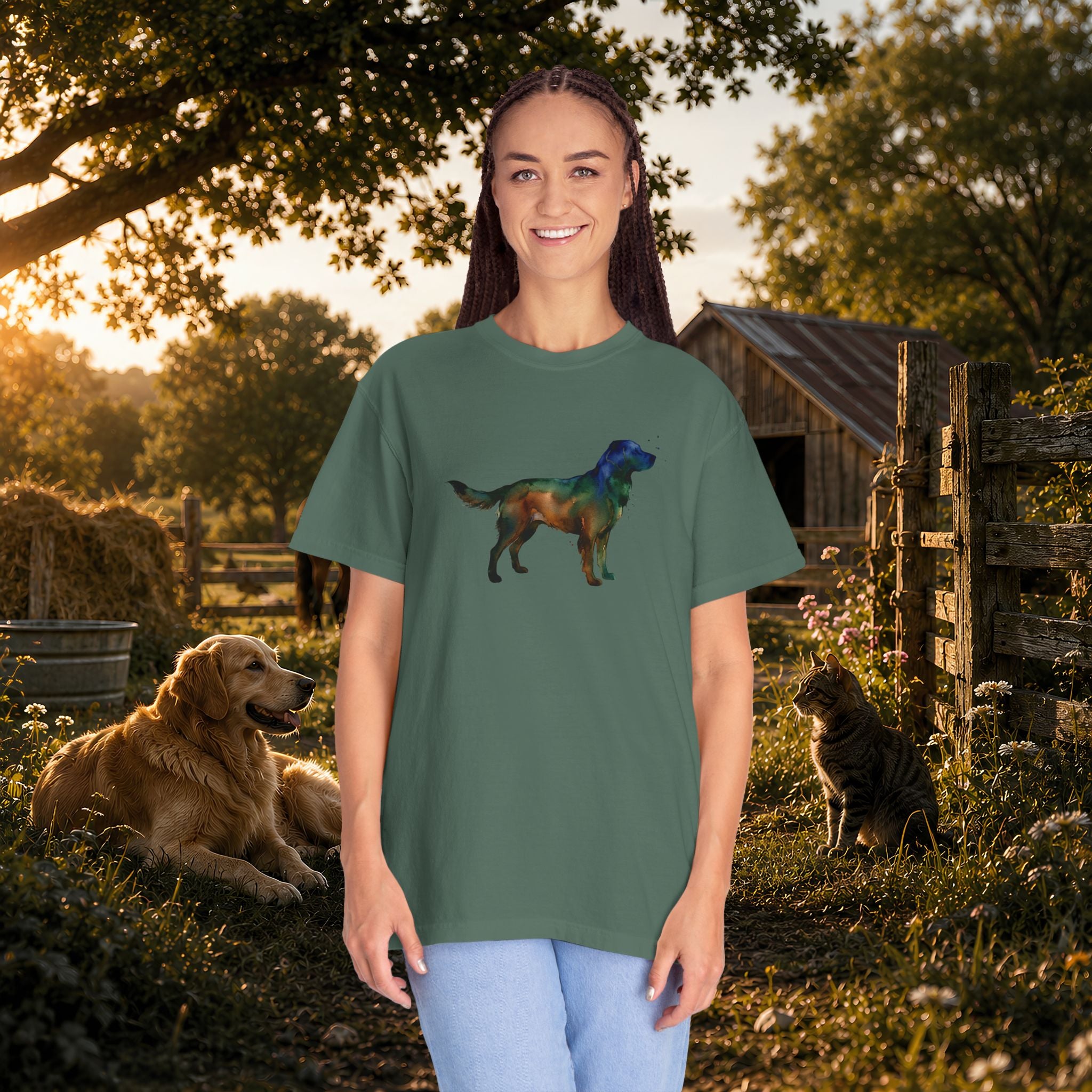 Golden Retriever Silhouette T-Shirt — Colorful Dog Graphic Tee for Pet Lovers