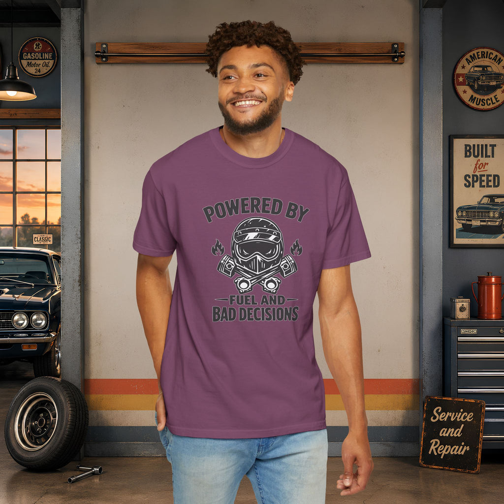 Powered By Fuel And Bad Decisions T-Shirt — Motorcycle Helmet Graphic Tee